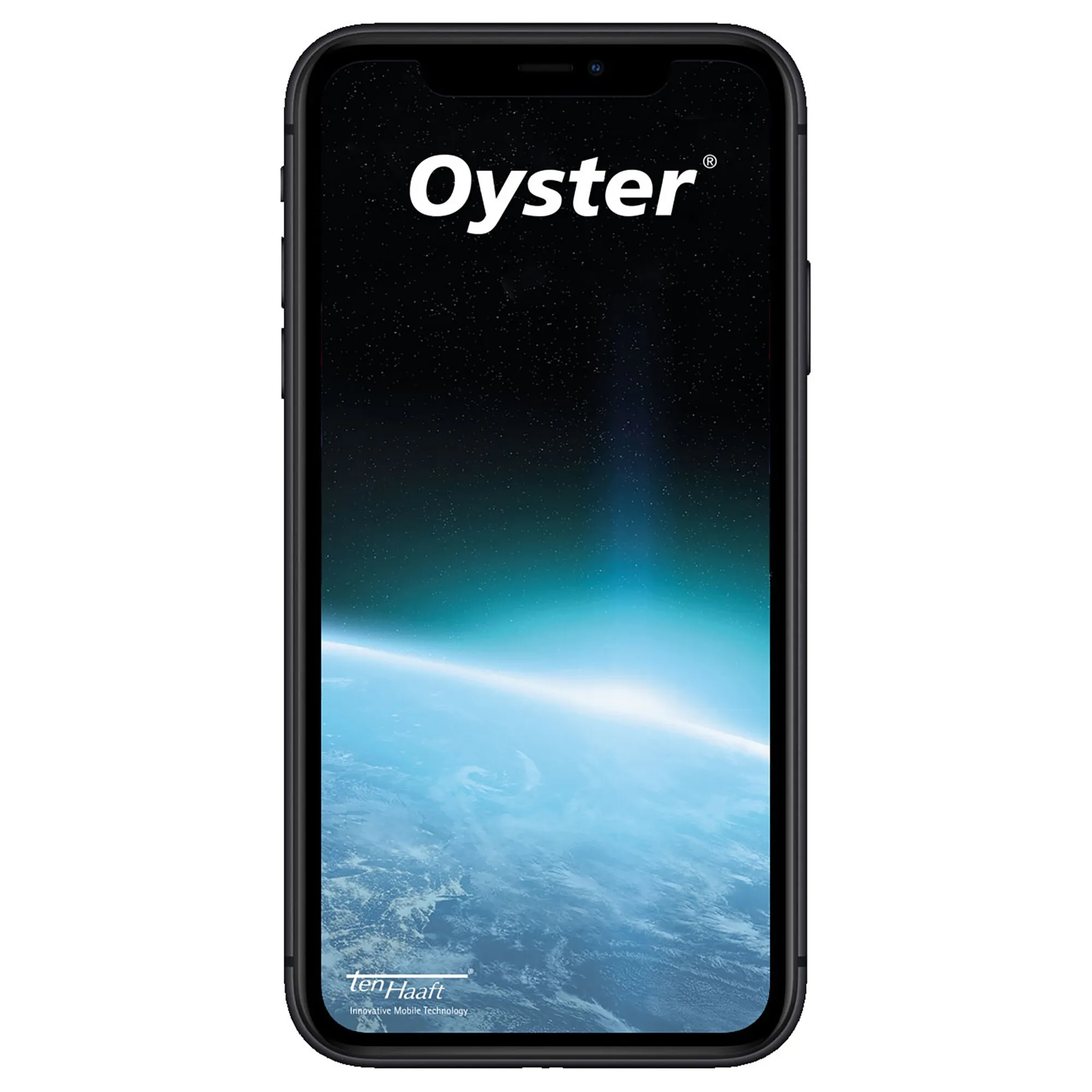 Schwarzes Oyster-Touchscreen-Gerät mit Weltraumdarstellung und ten-Haaft-Logo auf der Vorderseite