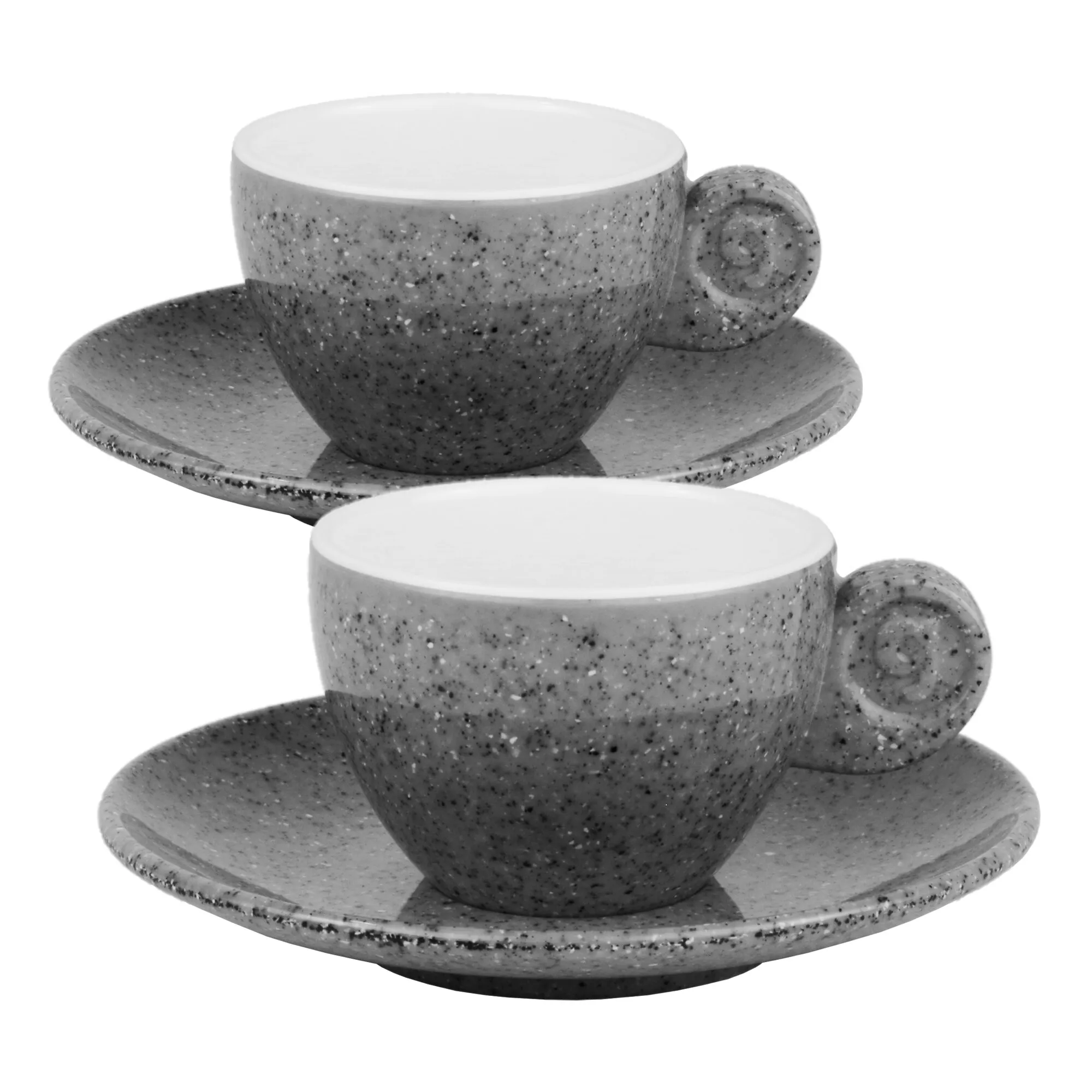 Espressoset Solid Line in granitgrau mit zwei gesprenkelten Tassen und passenden Untertassen sowie Spiralhenkeln