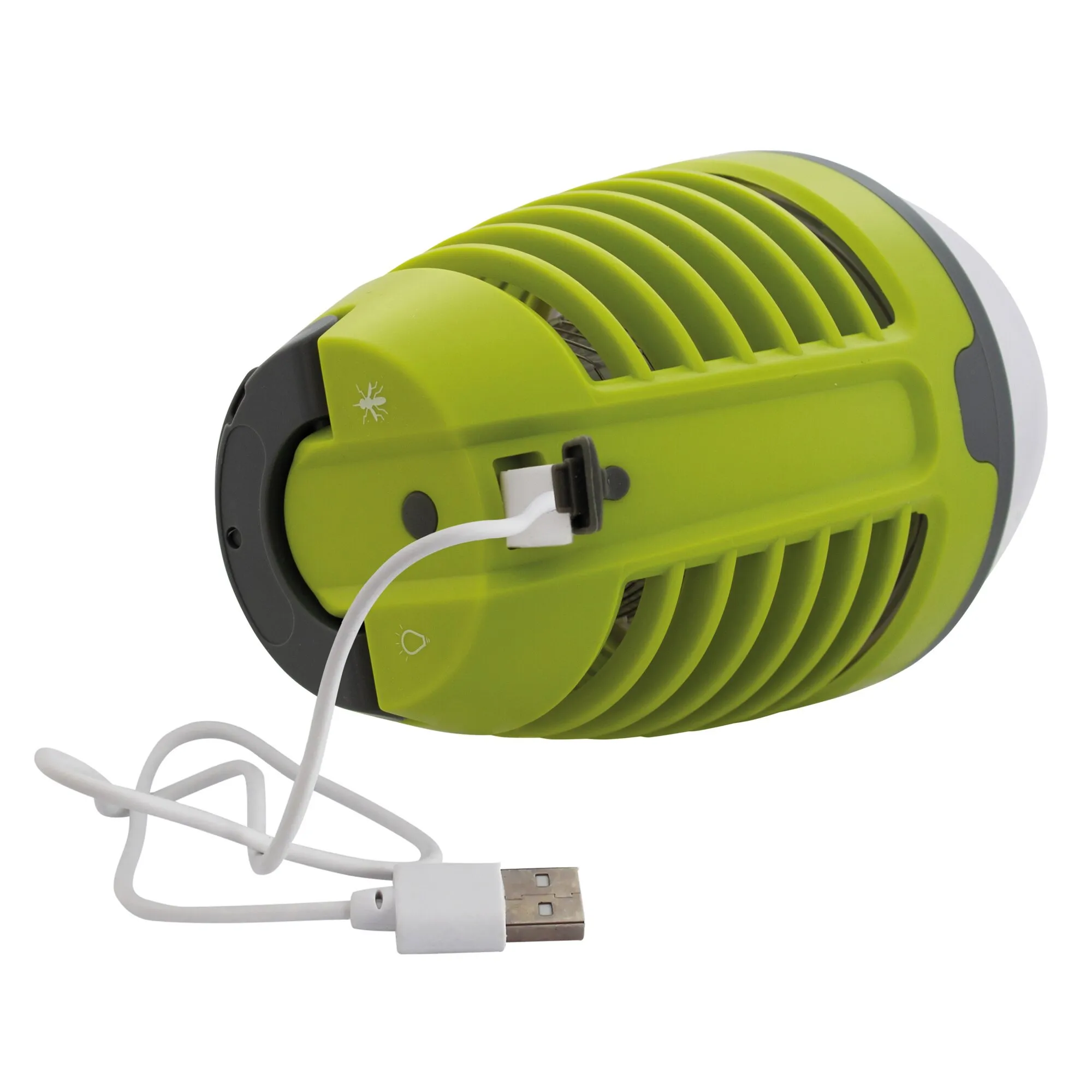 Grüne UV-Insektenlampe mit Schutzgitter, Insektensymbol, Umschalter und weißem USB-Anschlusskabel