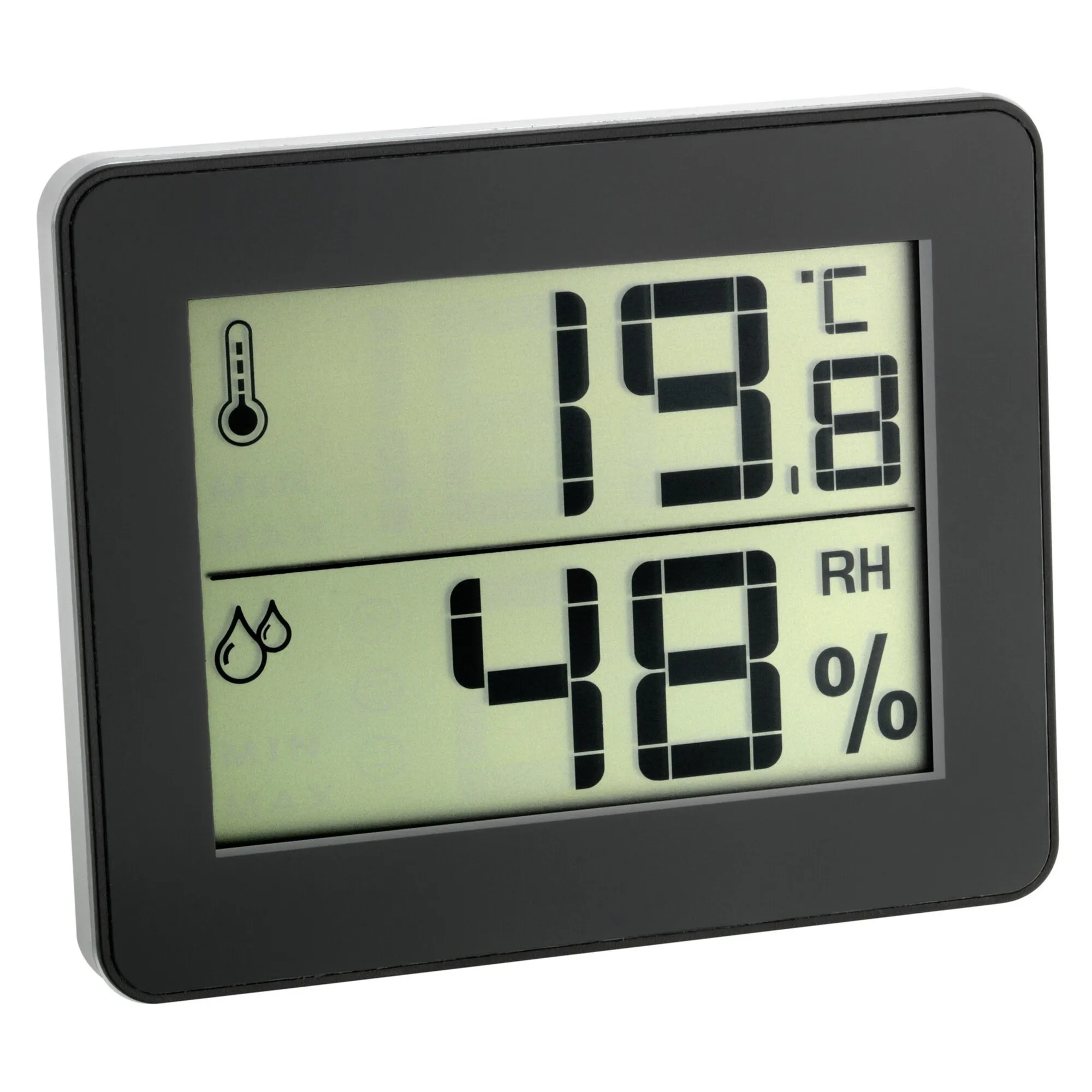 Schwarzes digitales Thermo-Hygrometer mit LCD-Anzeige, 23,8 °C Raumtemperatur und 48 % relativer Luftfeuchtigkeit