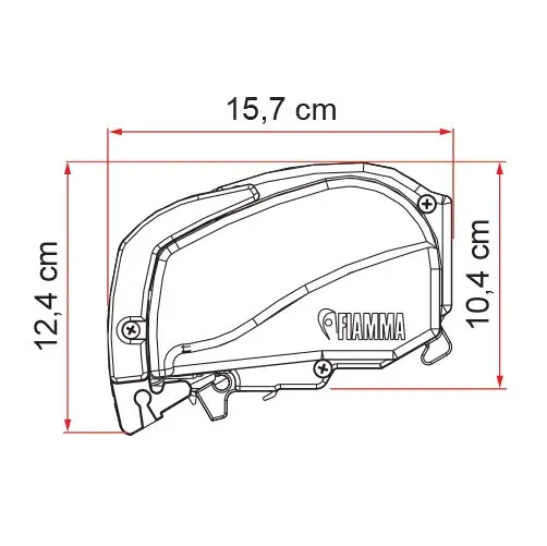 Technische Seitenansicht einer FIAMMA Markise F80 Gehäusezeichnung mit FIAMMA-Logo und Maßlinien 15,7 cm Breite, 12,4 cm Höhe, 10,4 cm Tiefe