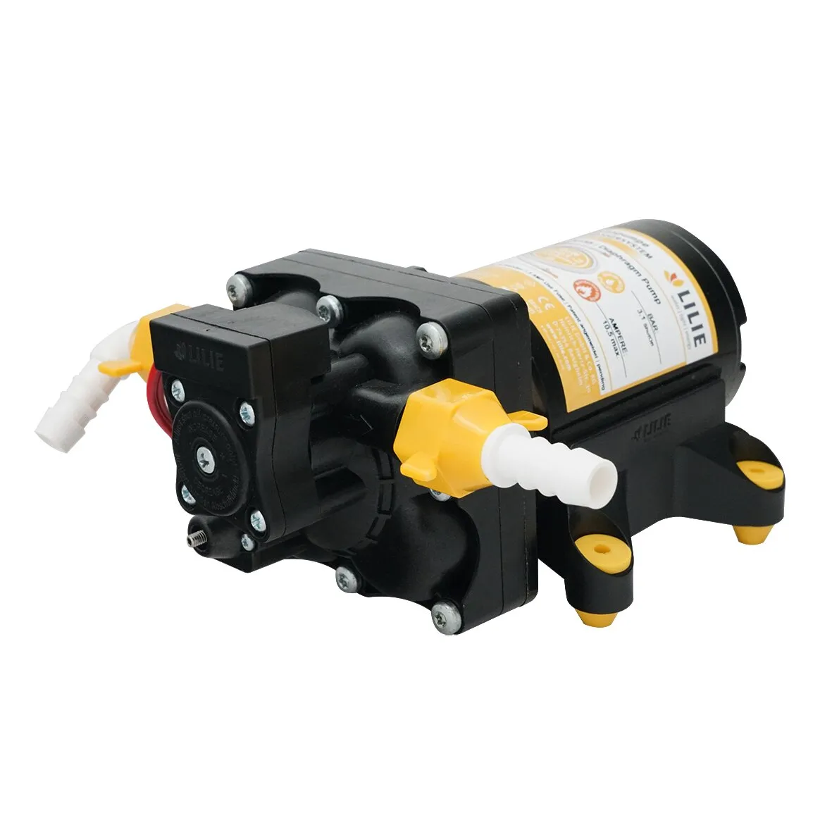 Schwarze Membranpumpe SOFTSERIE® Trinkwassersystem WeißGELB® mit gelben Anschlüssen und Standfüßen, 3,1 bar, 14,4 l/min