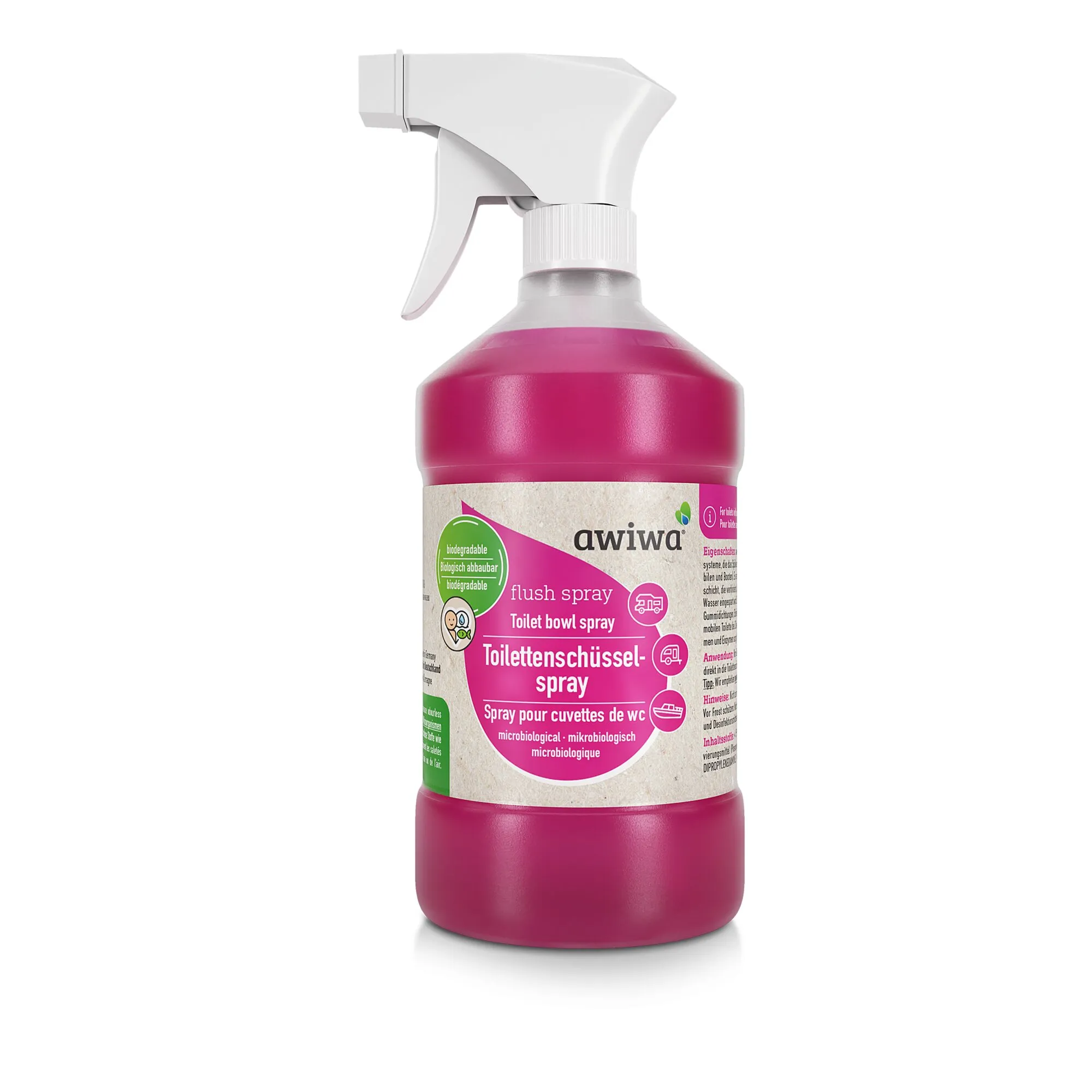 Magenta-weißer Sprühflakon von awiwa mit weißem Sprühkopf, beschriftet als mikrobiologisches Toilettenschüssel-Spray