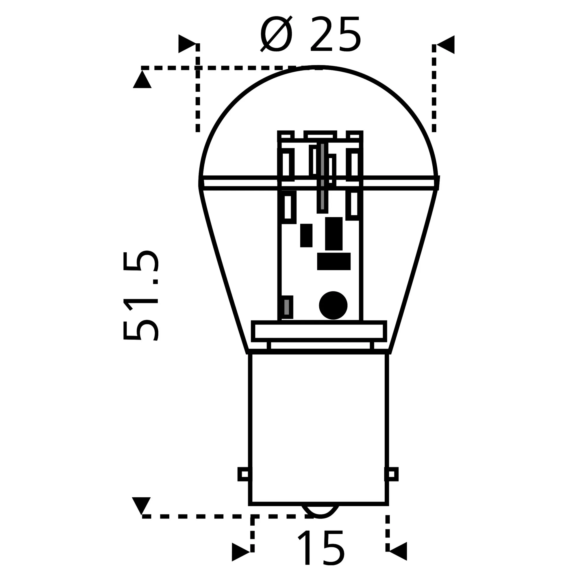 Technische Zeichnung eines LED-Leuchtmittels BA15s mit rundem Kopf, seitlichen Sockelkontakten und Maßen Ø 25 mm, 51,5 mm und 15 mm