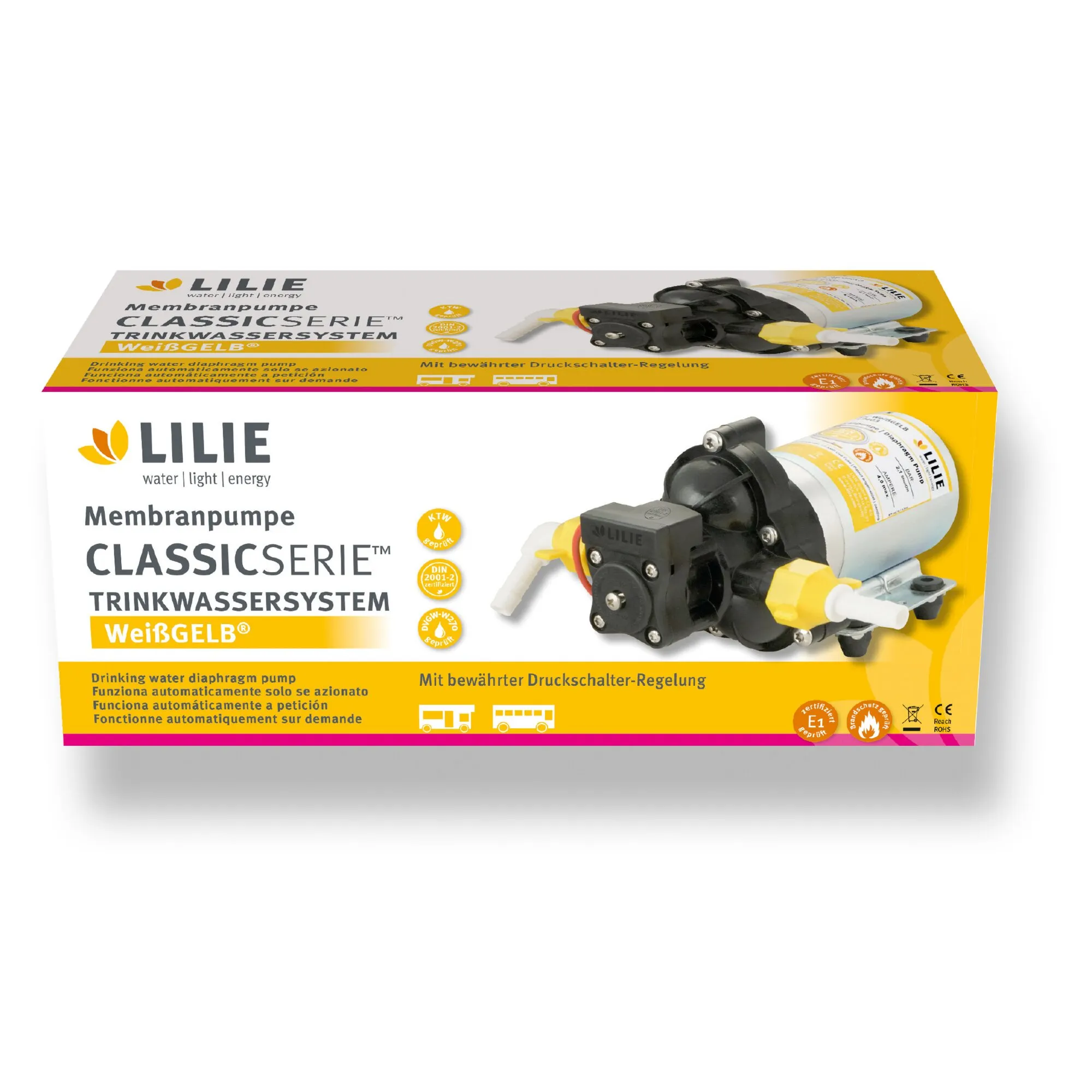 Verpackung einer weißen LILIE CLASSICSERIE Membranpumpe für Trinkwasser mit schwarzem Pumpenkopf und gelben Anschlüssen