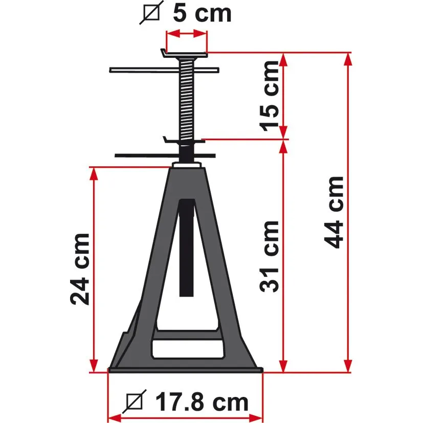 Maßzeichnung eines schwarzen Kunststoff-Stützbocks mit höhenverstellbarer Gewindespindel, 44 cm Höhe, 17,8 cm Fußbreite und 5 cm Auflage