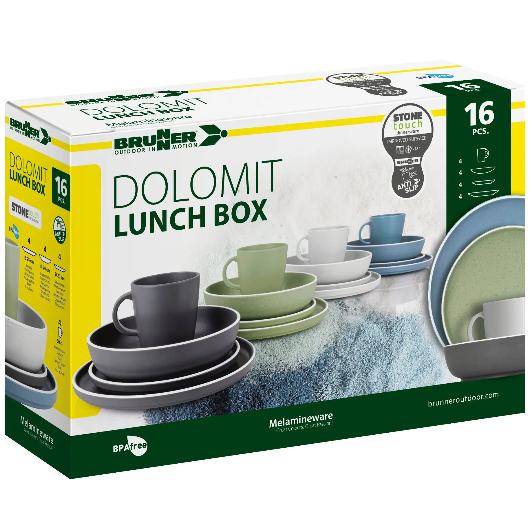 Verpackung des Dolomit Lunch Box Sets aus Melaminware, 16 Teile, zeigt gestapelte farbige Schalen und Teller in Grau, Grün und Blau, Logo sichtbar
