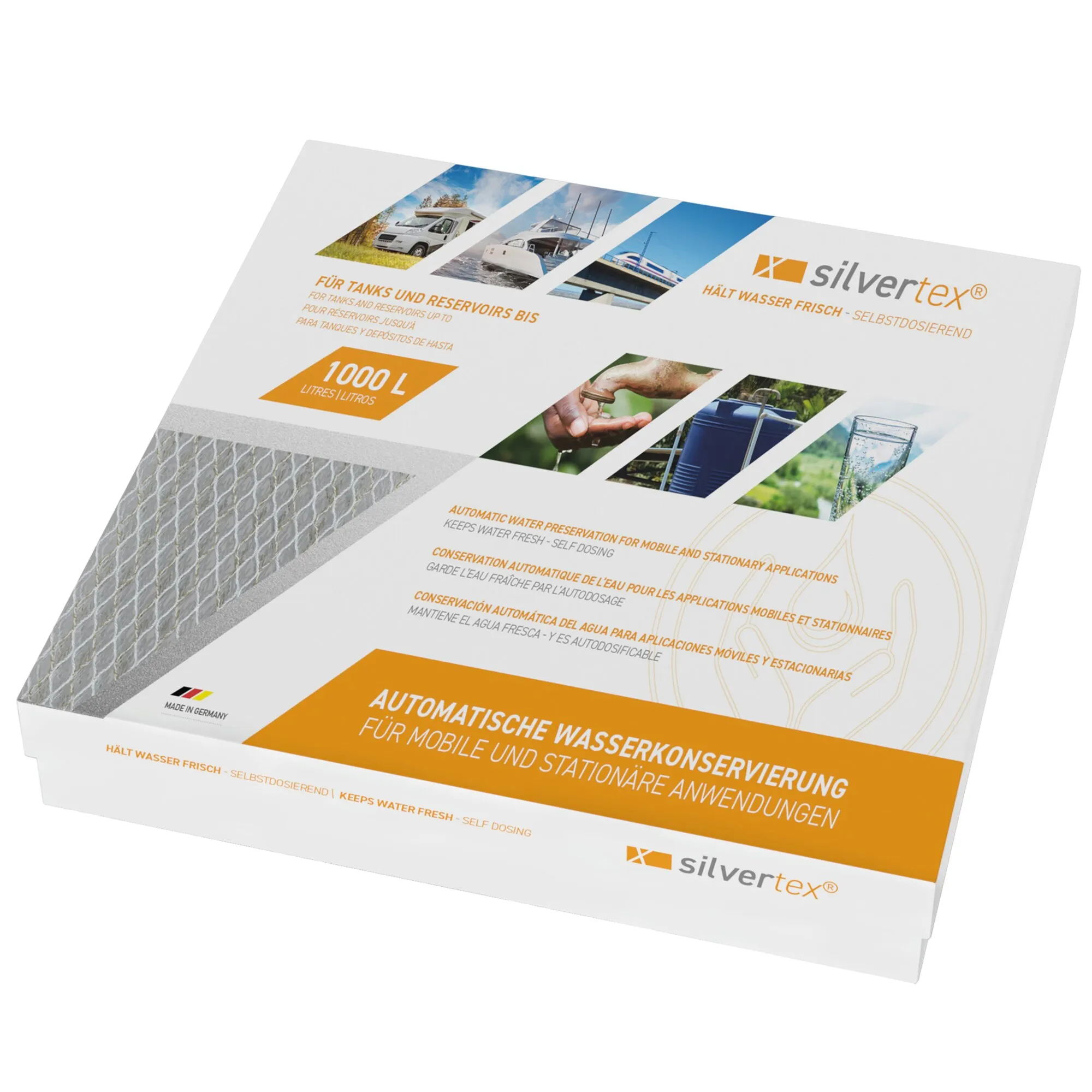 Silvertex Wasserkonservierung für Tanks und Reservoirs bis 1000 Liter in weißer Verpackung mit orangefarbenem Aufdruck