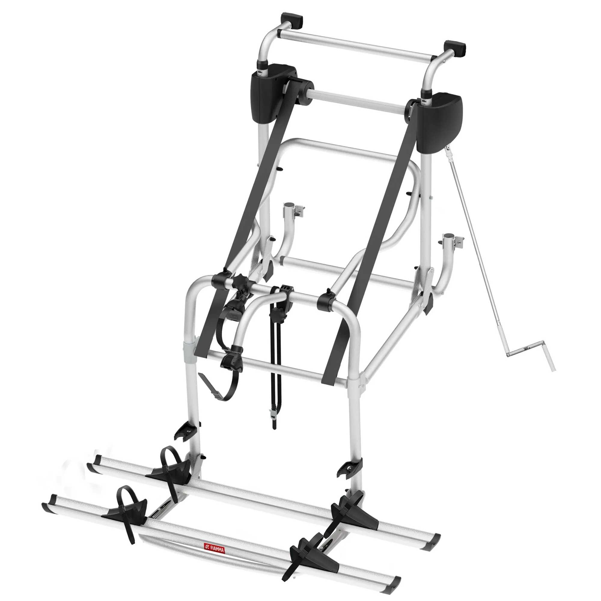 Silberner Fahrradträger Carry-Bike Lift 77 mit zwei Fahrradschienen, schwarzen Halterungen und Befestigungsriemen