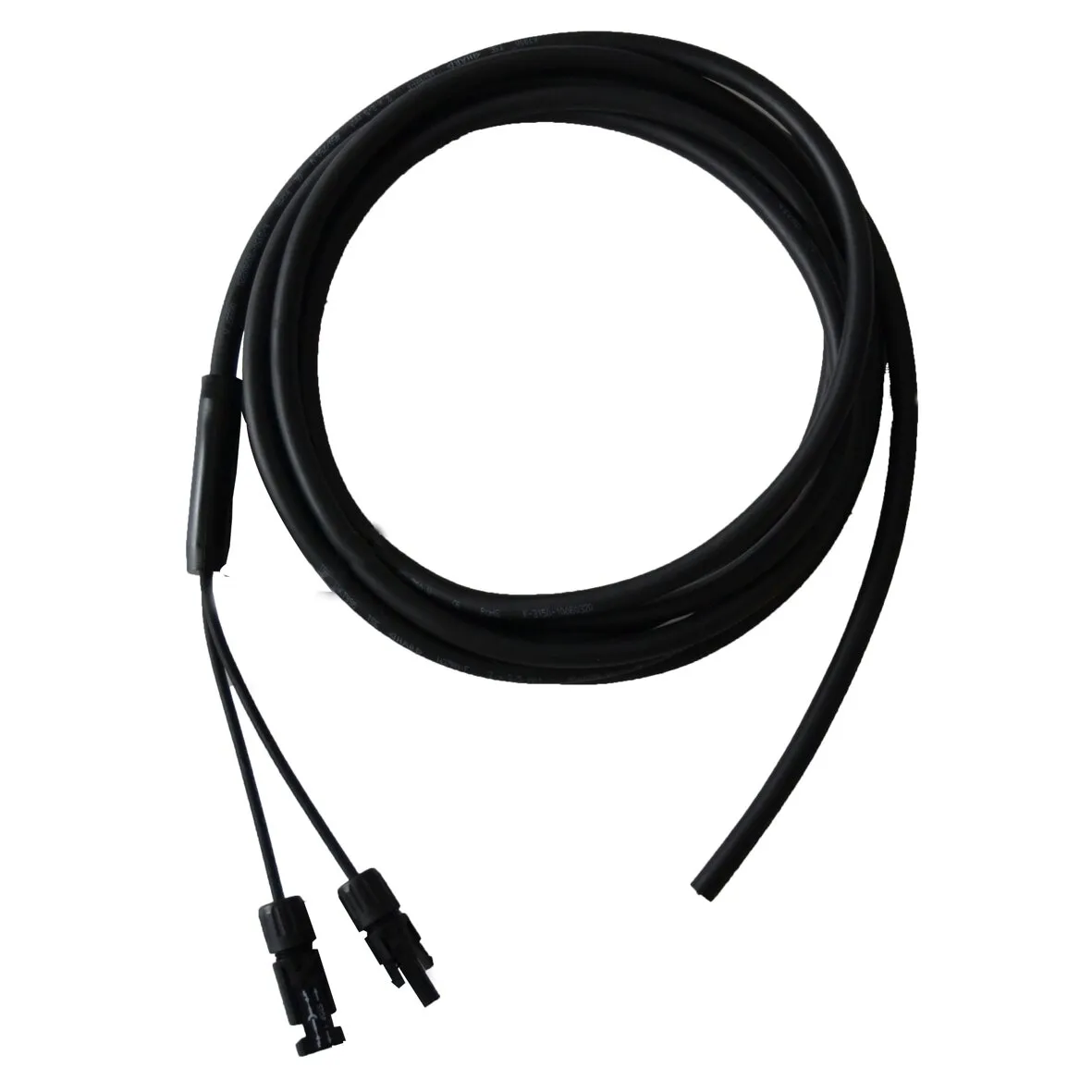 Schwarzes Solarkabel MC4 mit 2,5 mm² Querschnitt und 5 m Länge, aufgewickelt mit zwei MC4-Steckverbindern