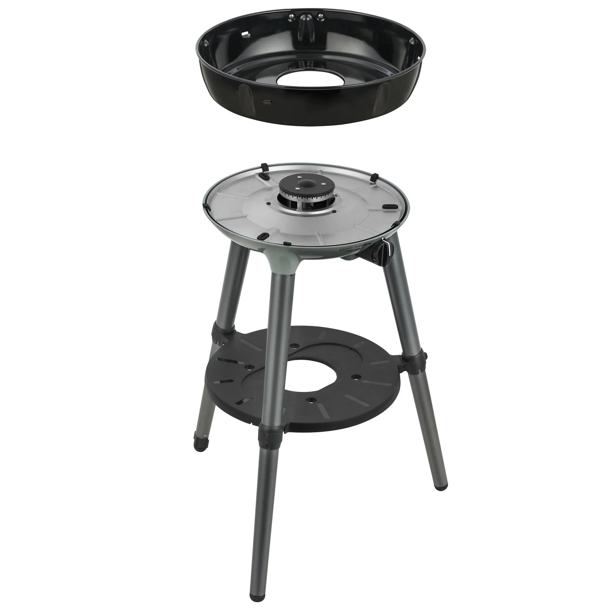 Gasgrill Carri Chef 40 BBQ/Grill2Braai mit schwarzer Grillschale, rundem Brenner, drei Beinen und Ablageplatte in Detailansicht