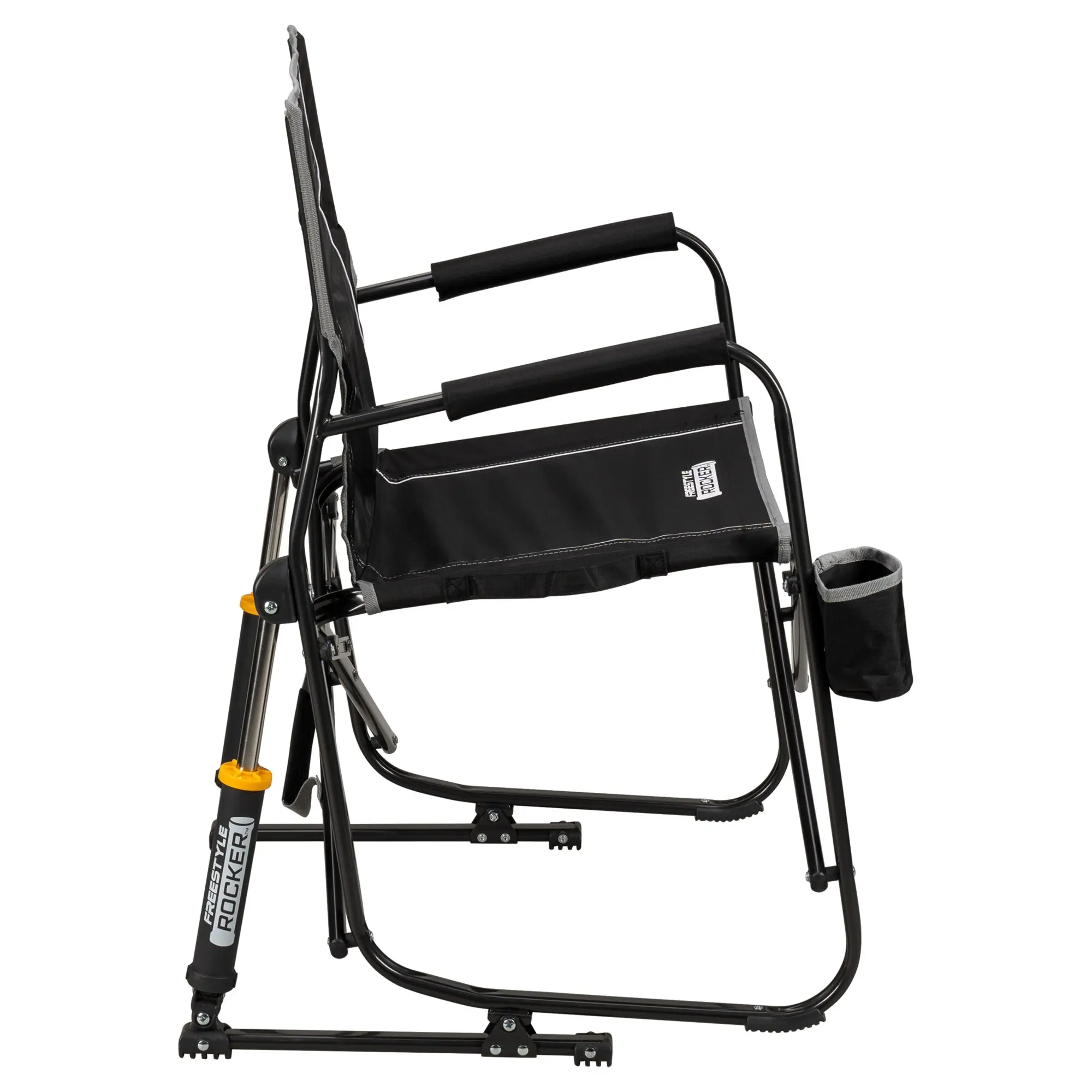 Schwarzer Camping-Schaukelstuhl Freestyle Rocker mit schwarzem Stoffbezug, Metallrahmen, gepolsterten Armauflagen und seitlicher Stofftasche