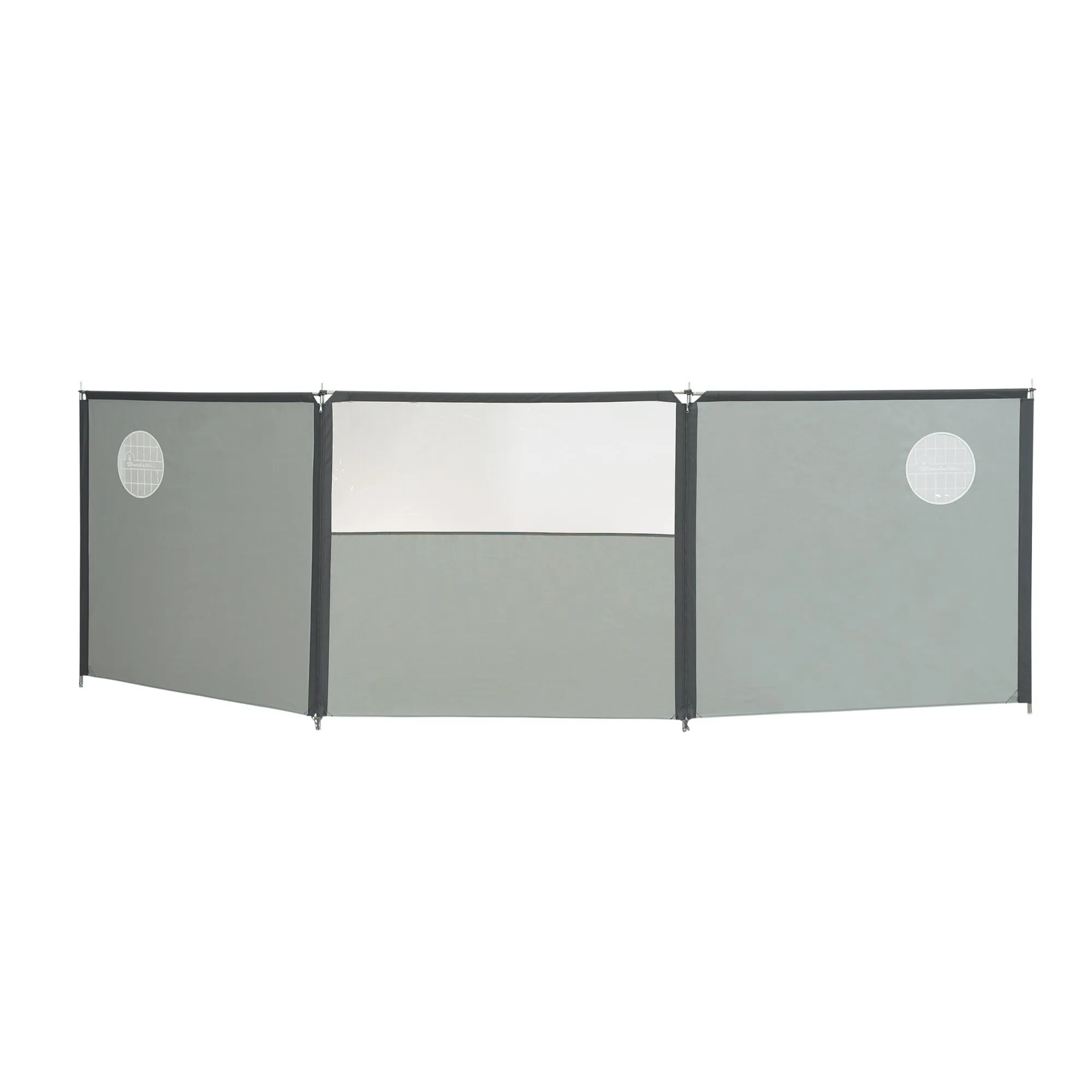Windschutz Flex Grey Basic mit drei verbundenen grauen Stoffelementen und hellem, halbtransparentem Mittelbereich vor weißem Hintergrund
