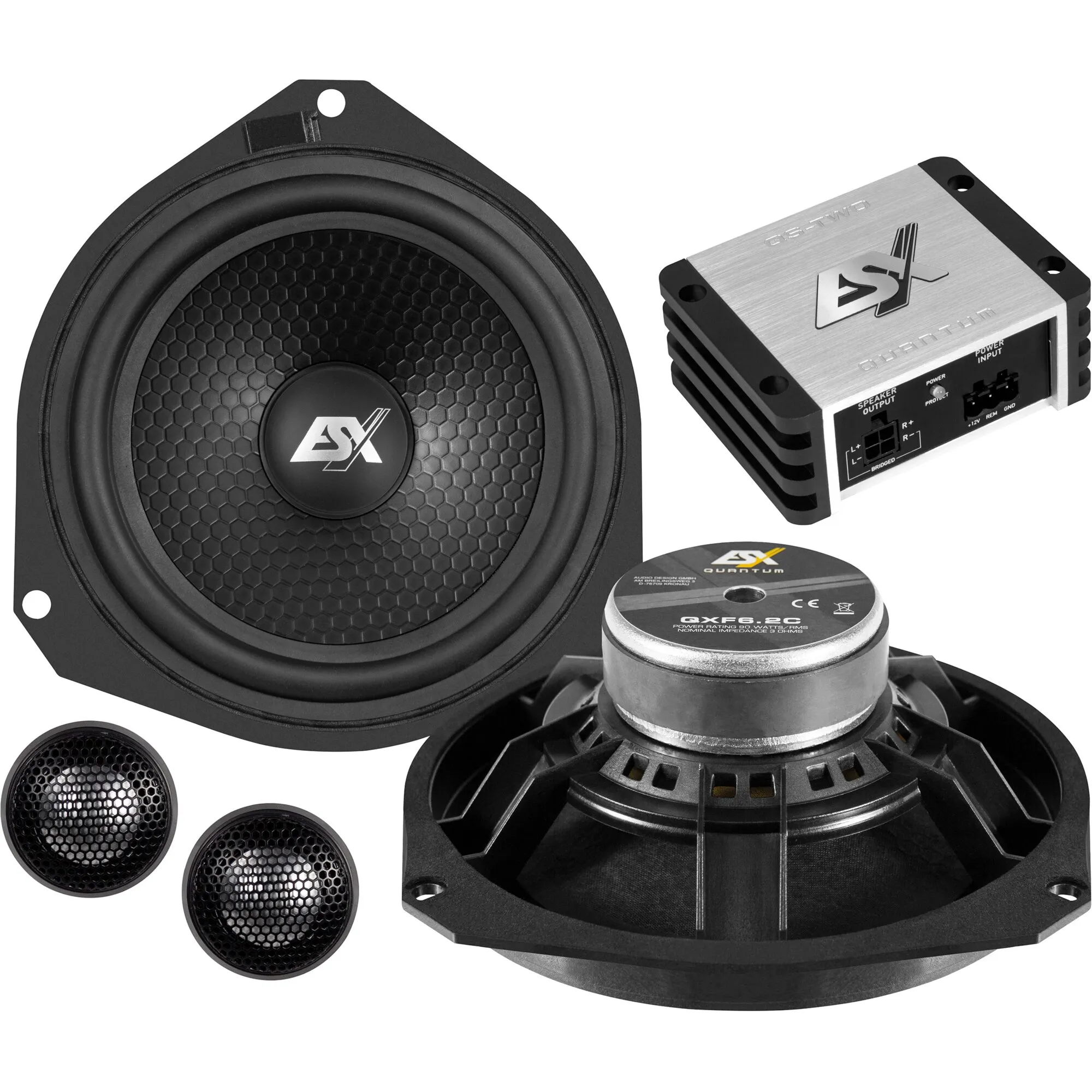 Soundsystem ESX DBJ-Kit 1 mit großem Lautsprecher, zwei Hochtönern, Verstärker und Lautsprecher-Rückseite in Schwarz 
