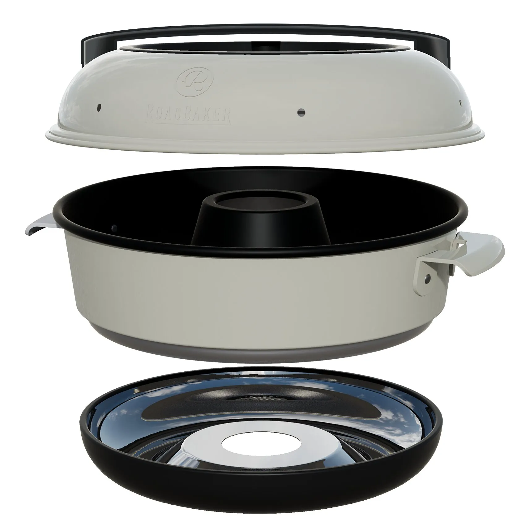 Mobiler Backofen RoadBaker Model G in Weiß mit abgenommenem Spezialglasdeckel, schwarzer Backform und glänzendem Unterteil