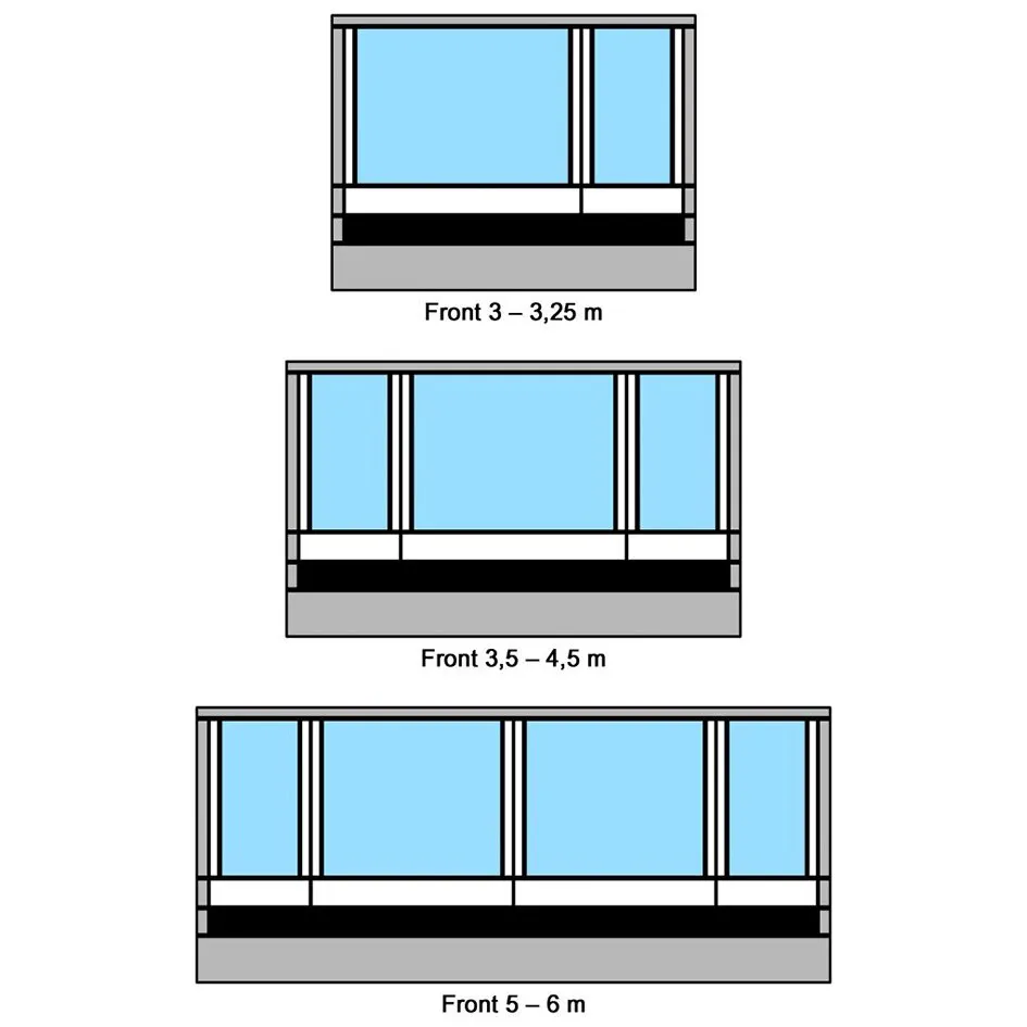 Technische Darstellung des Thule Residence G3 Vorderteils mit drei Frontvarianten und blauen Fensterflächen für 3–3,25, 3,5–4,5 und 5–6 m