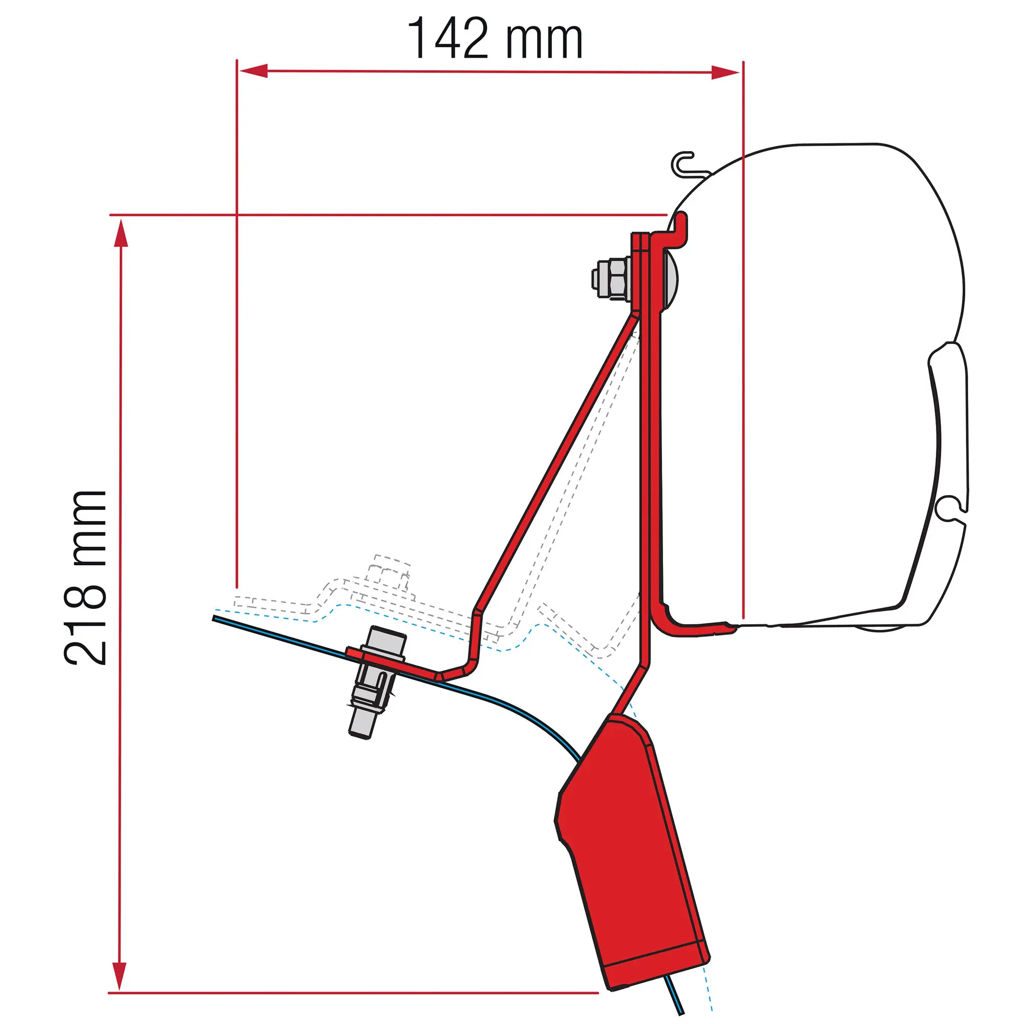 Technische Seitenansicht des roten Markisenadapter-Kits für Ford Custom Nugget Lift Roof mit F45/F45s-Markise, Maßangaben 142 und 218 mm