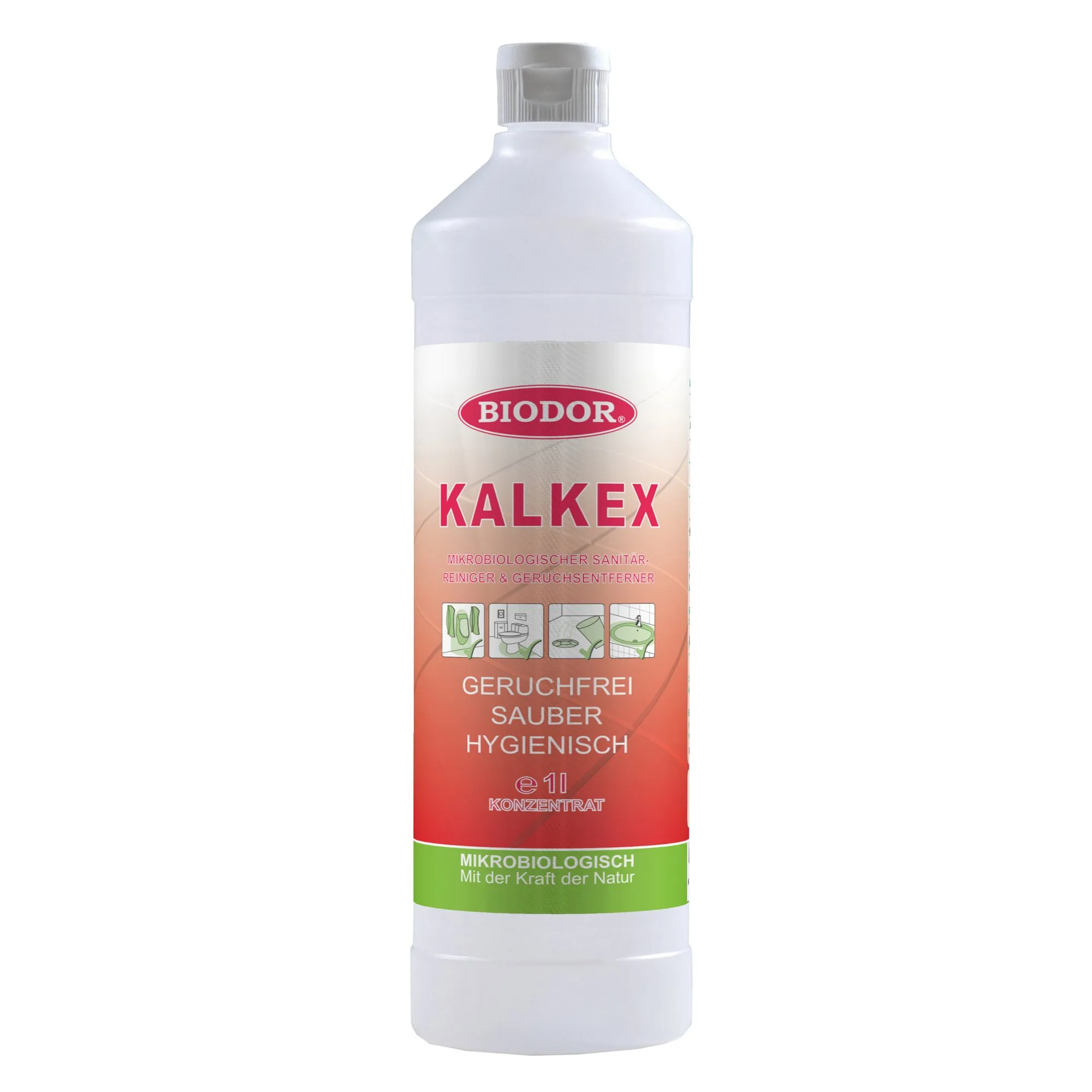 Weiße 1-Liter-Flasche Biodor Kalkex, mikrobiologischer Sanitärreiniger und Geruchsentferner als Konzentrat