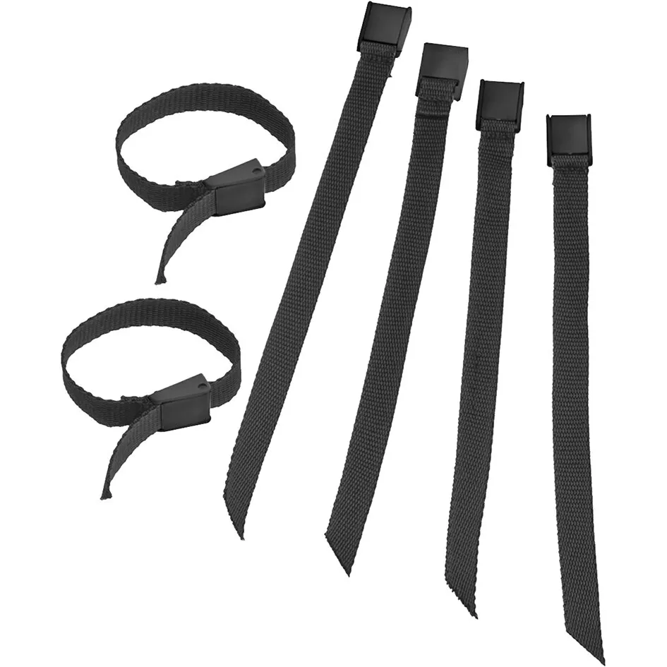 Sechs schwarze Nylon-Haltebänder für Fahrradträger mit rechteckigen Kunststoffverschlüssen, davon zwei zu Schlaufen geformt
