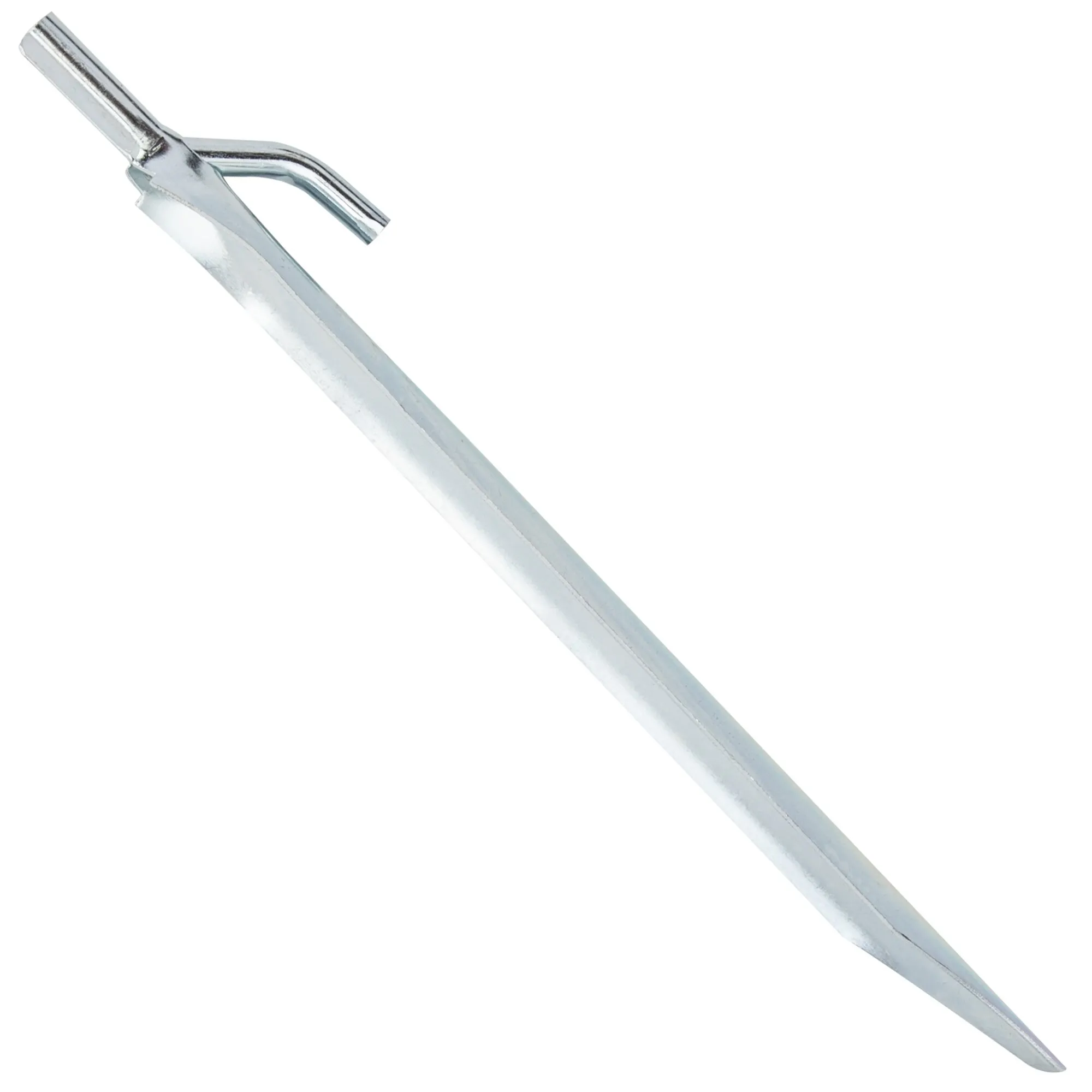 Silberfarbener Zelthering Tirol mit langem, spitz zulaufendem Schaft und gebogenem Kopf, 25 cm lang