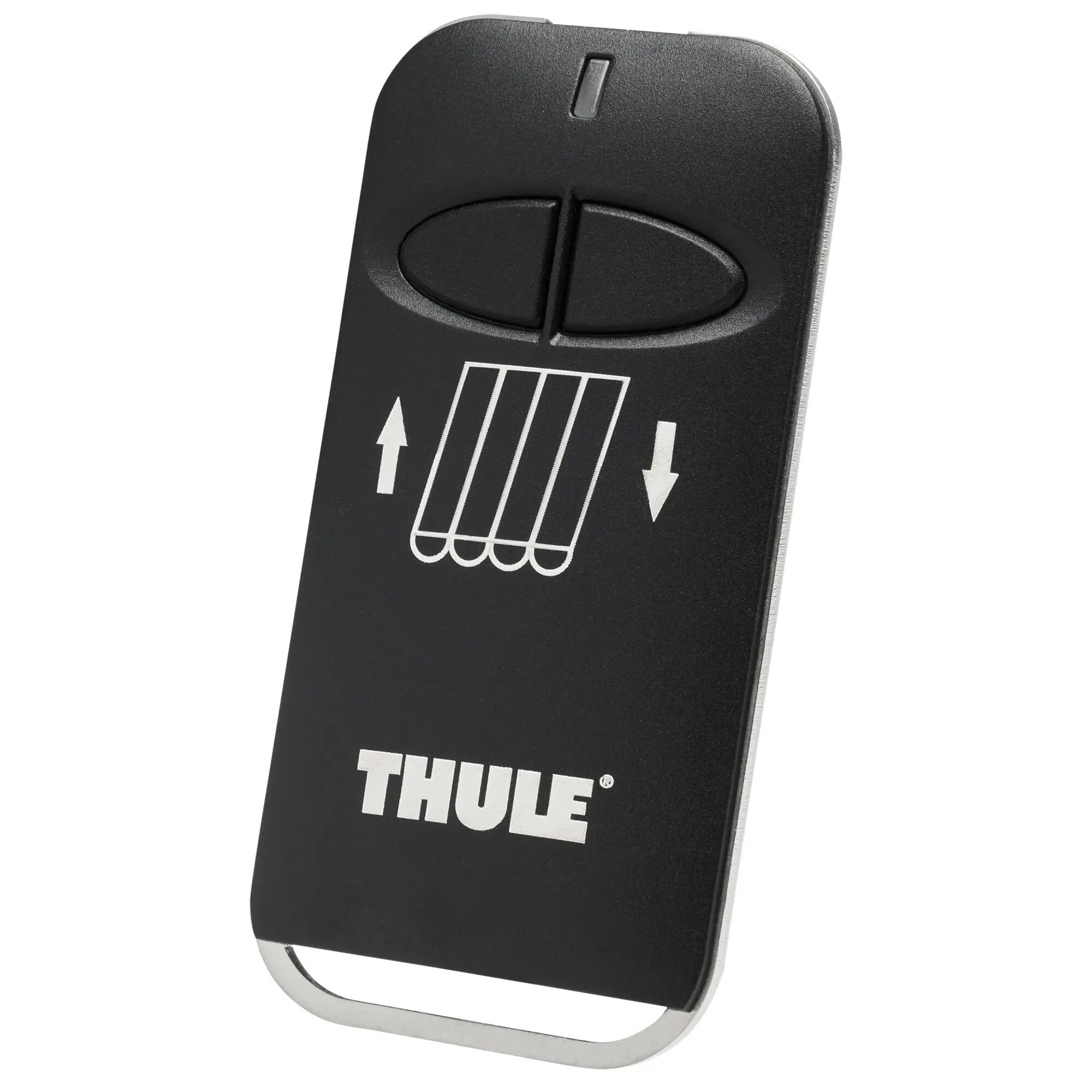 Nahaufnahme einer schwarzen Fernbedienung des Thule Omnistor 9200 Motorsets, mit zwei ovalen Tasten und Thule-Logo unten