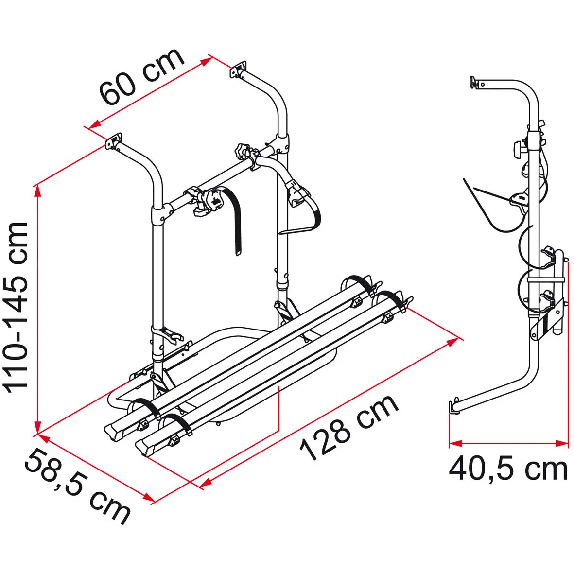 Technische Zeichnung eines Fahrradträgers Carry-Bike Simple Plus 200 mit zwei Trägerleisten, Stützen; Höhe 110–145 cm, Länge 128 cm