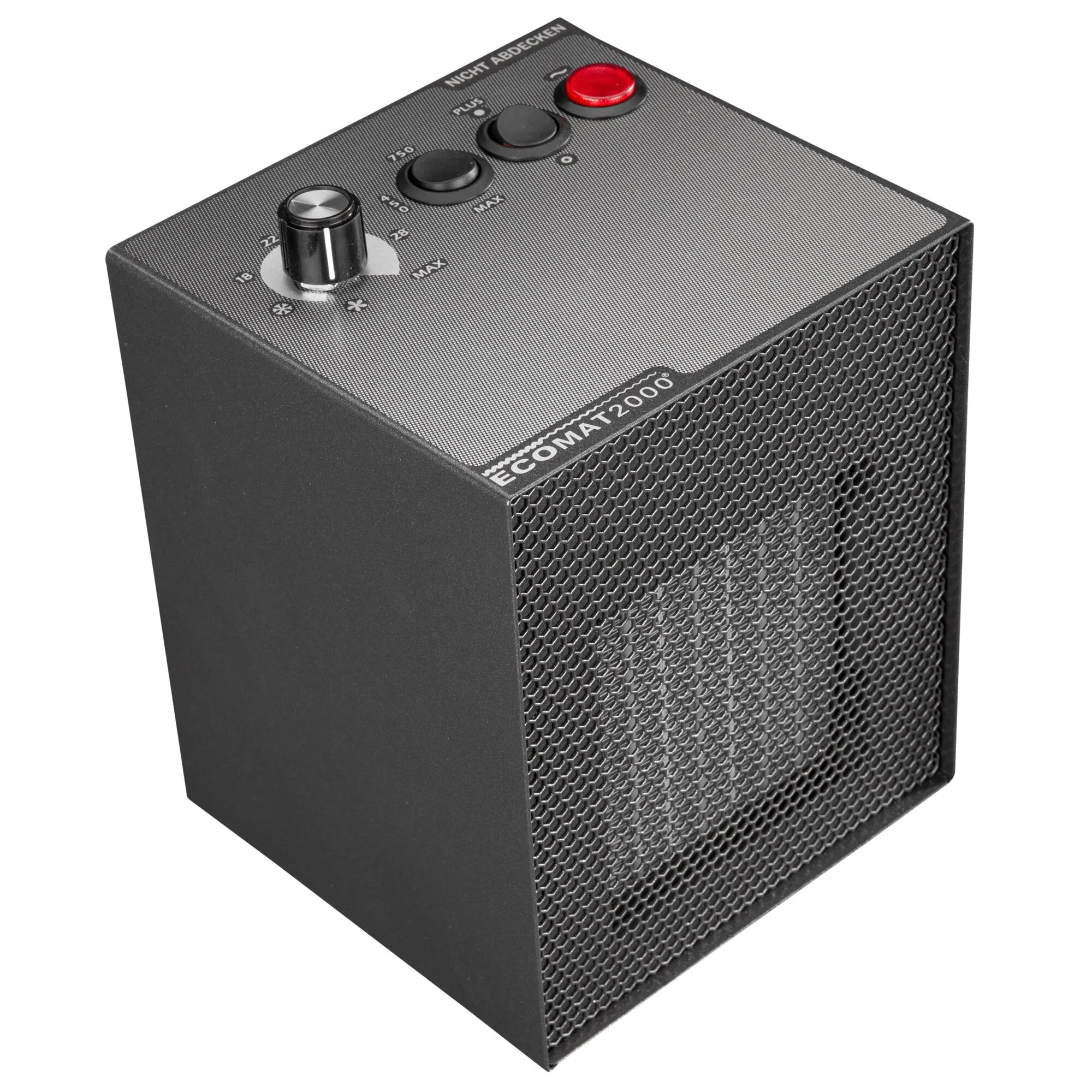 Schwarzes Heizgerät Ecomat 2000 Classic Plus mit Frontgitter, Temperaturregler, zwei Leistungswahltasten und rotem Schalter
