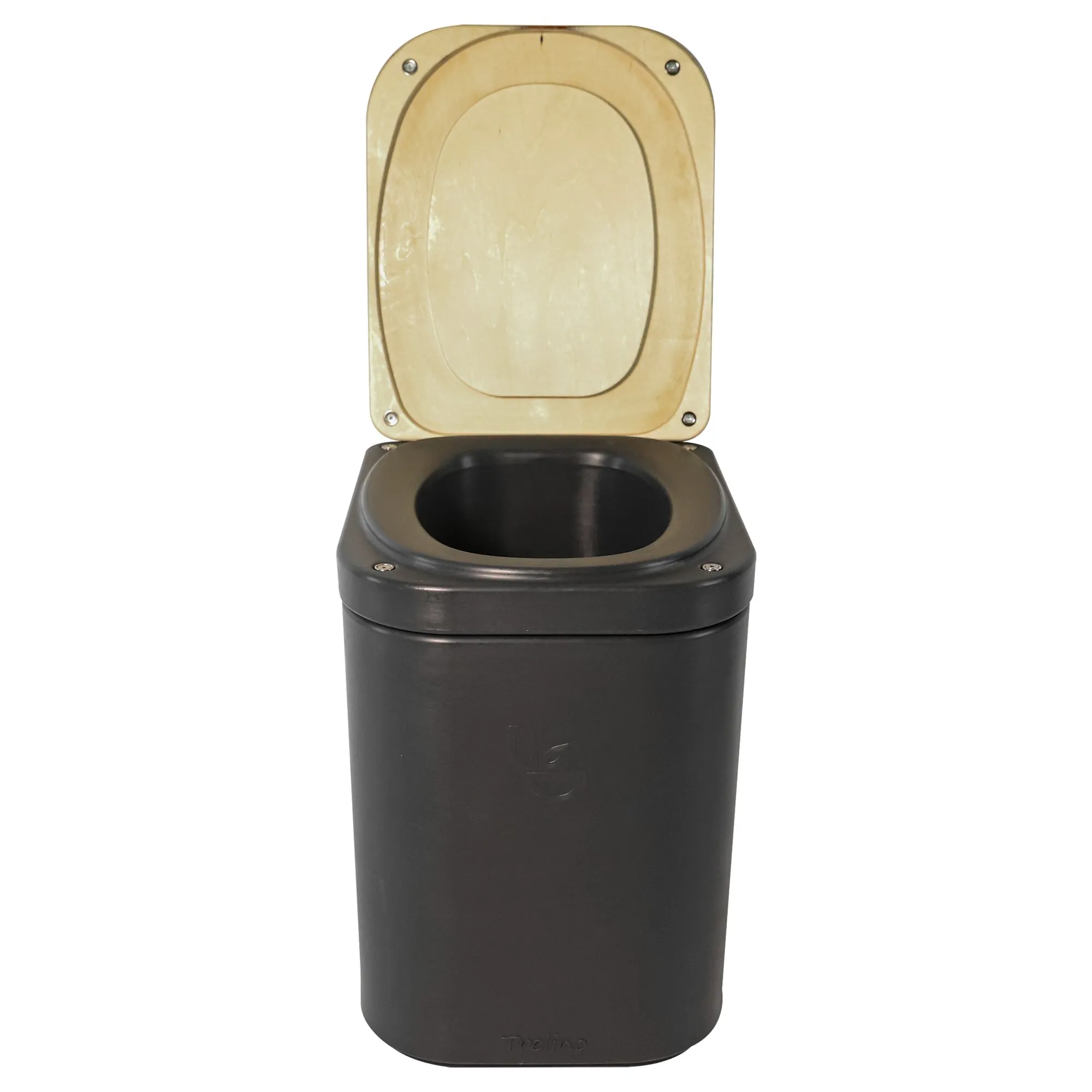 Schwarze Trenntoilette Trelino Origin L mit geöffnetem Holzdeckel und sichtbarer Toilettenöffnung vor weißem Hintergrund