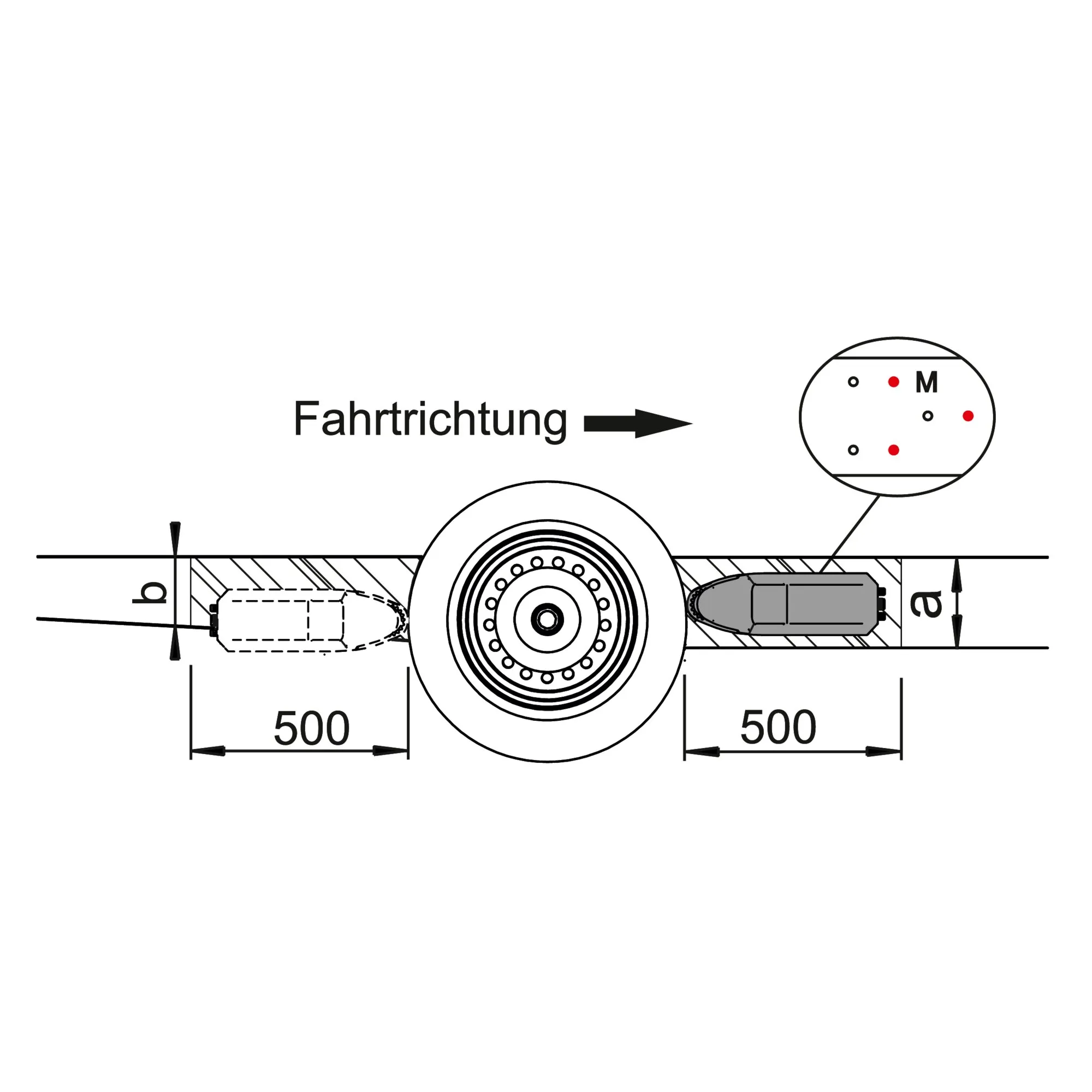 Technische Draufsicht des Rangierantriebs AL-KO Mammut S22 mit Einachsrad, Antriebseinheiten, Fahrtrichtung und Maßangaben 500 mm