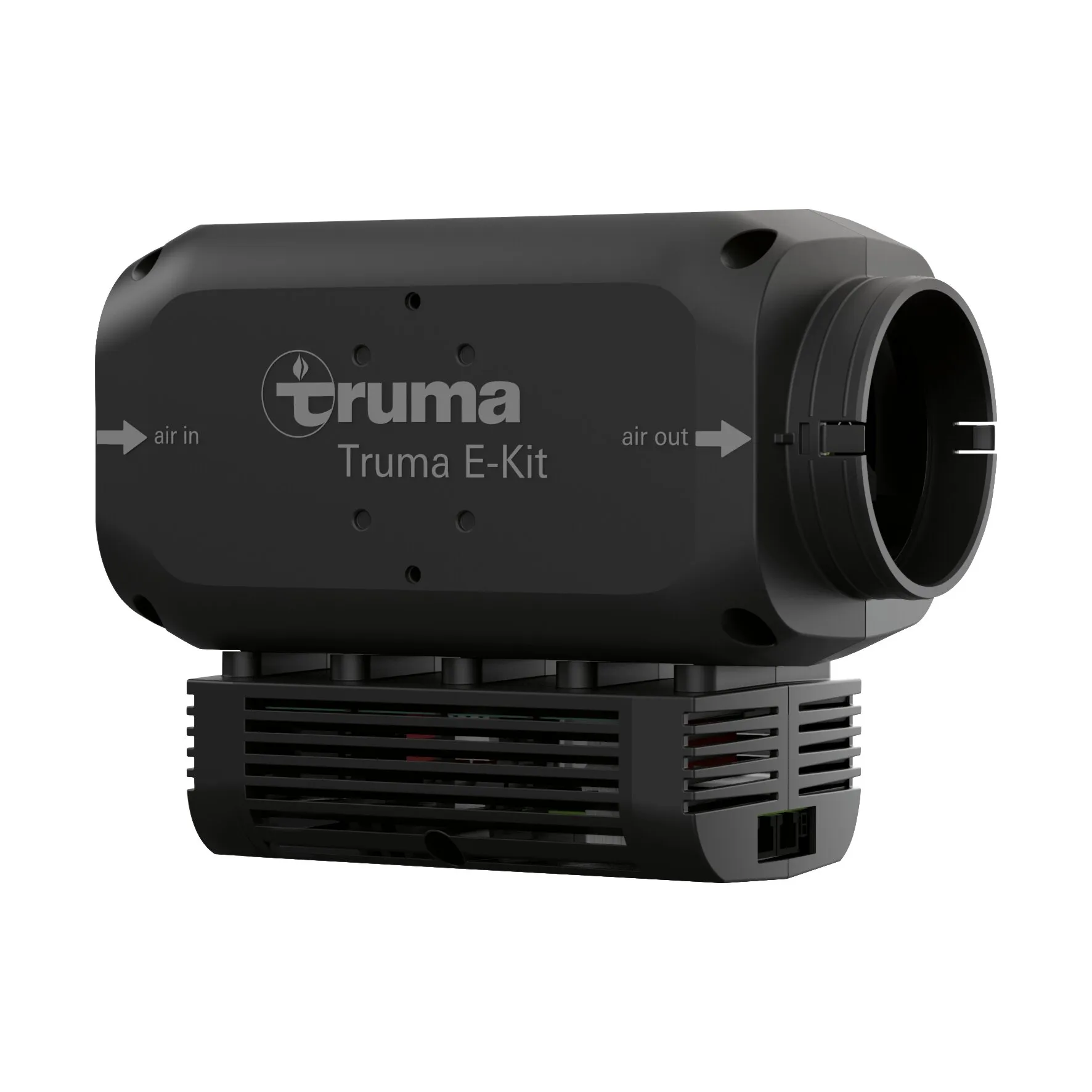 Schwarzes Truma E-Kit für VarioHeat mit Lüftungsgittern, seitlichem Luftauslass und markierter Luftzufuhr