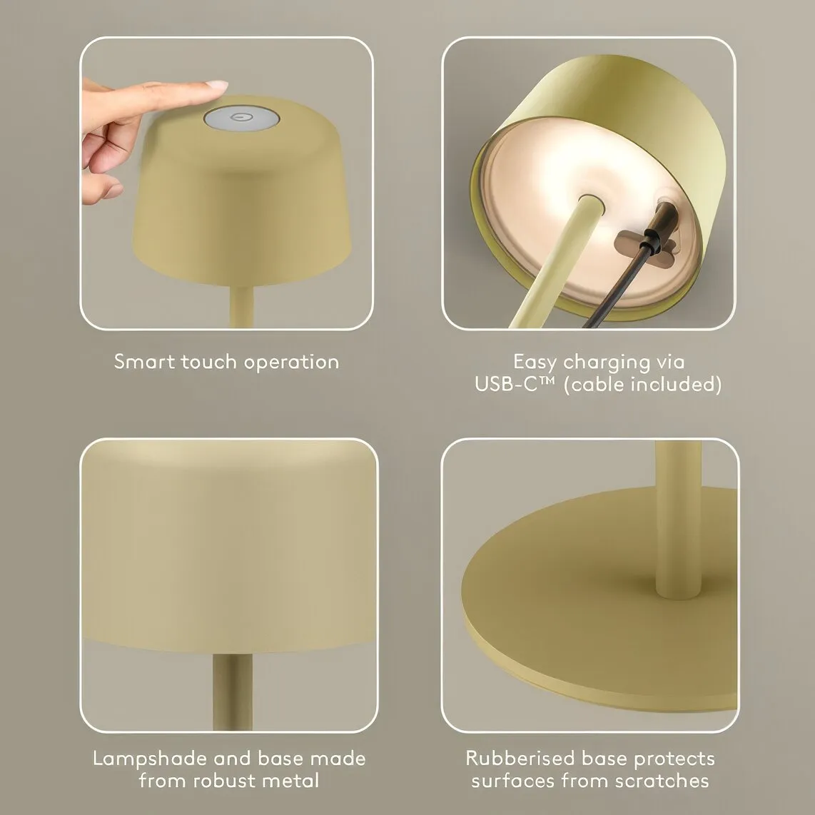 Beige LED-Tischleuchte mit rundem Lampenschirm und Stiel, Touch-Oberknopf, USB-C-Anschluss mit Kabel, Metallbasis mit rutschfester Gummiunterlage