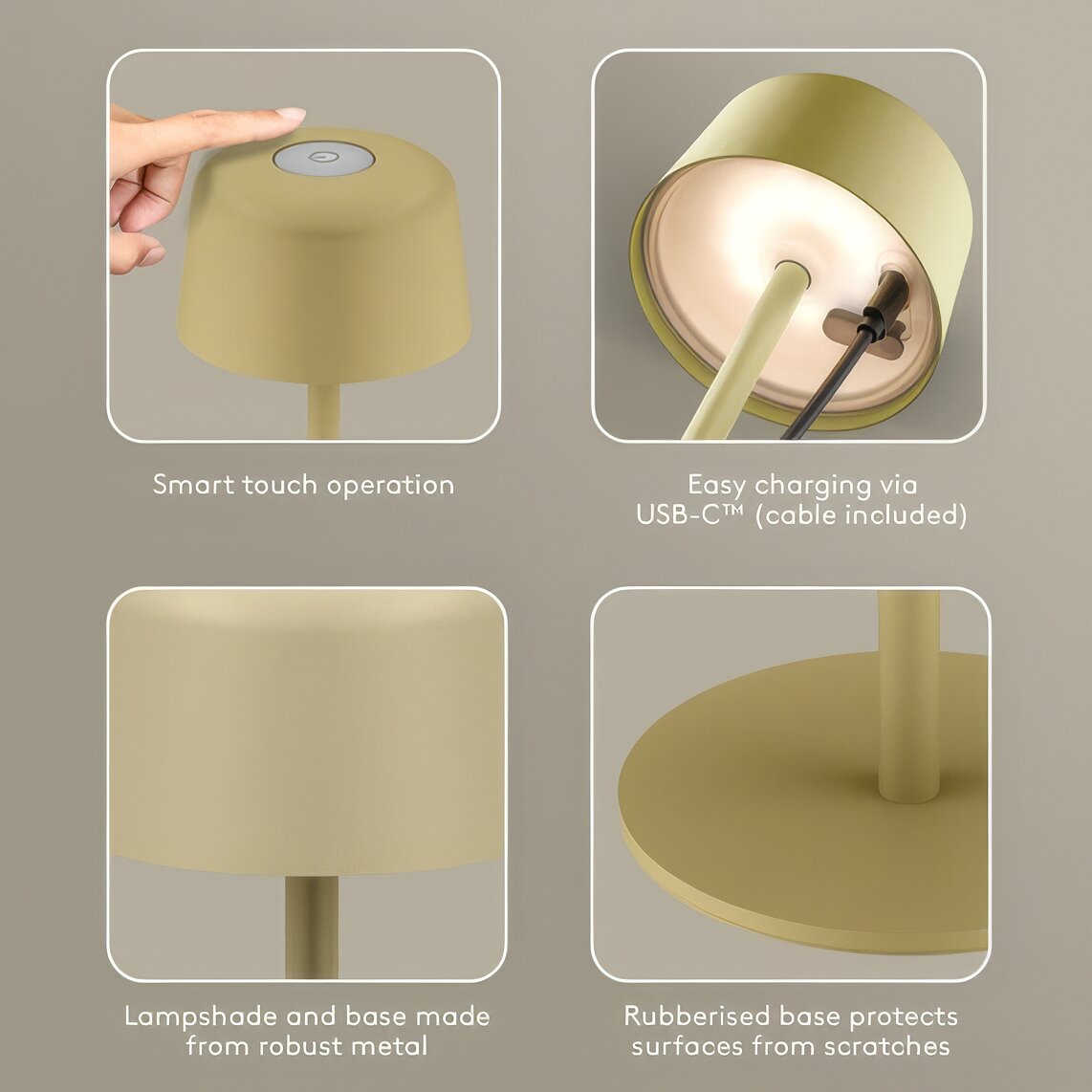 Beige LED-Tischleuchte mit rundem Lampenschirm und Stiel, Touch-Oberknopf, USB-C-Anschluss mit Kabel, Metallbasis mit rutschfester Gummiunterlage