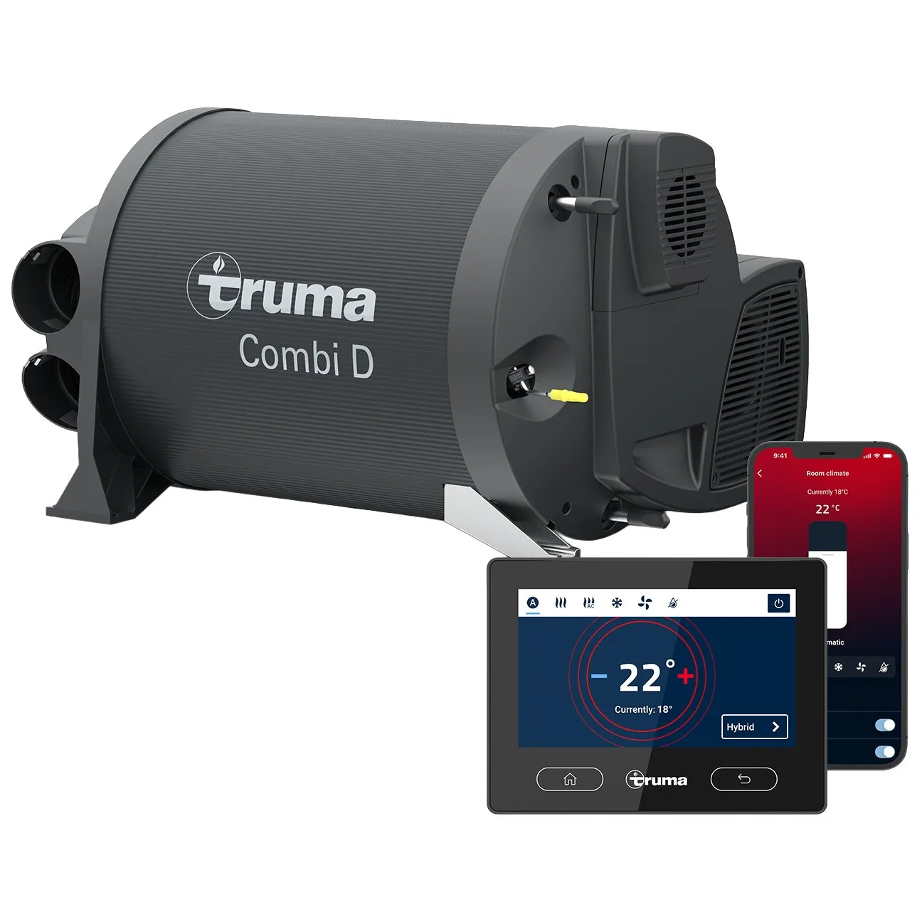 Truma Combi D Heiz- und Warmwasserboiler, 6000 W, dunkelgrau, seitliche zwei Anschlüsse links, Lüftungsgitter rechts, Tablet-Steuerung und Smartphone-App sichtbar