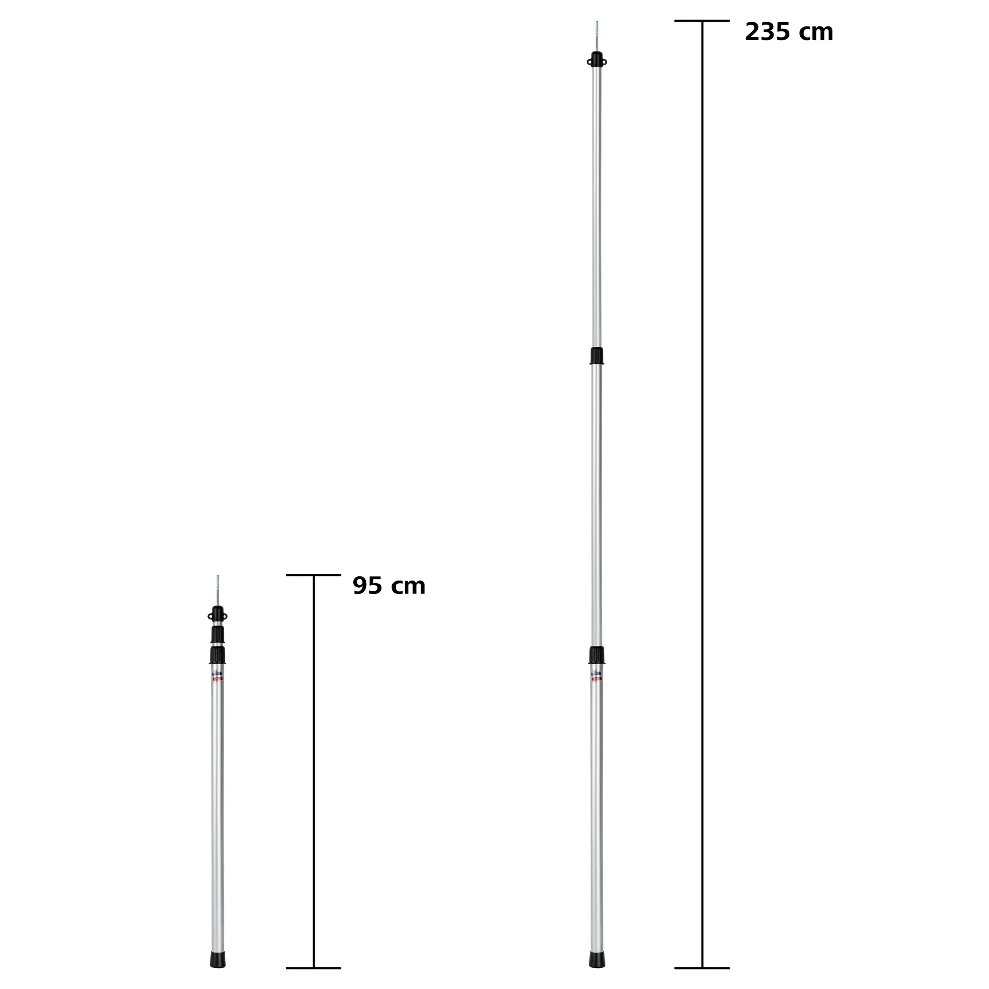 Silberne Teleskopstange mit schwarzem Klemmverschluss, ausgezogen 235 cm und zusammengeschoben 95 cm lang