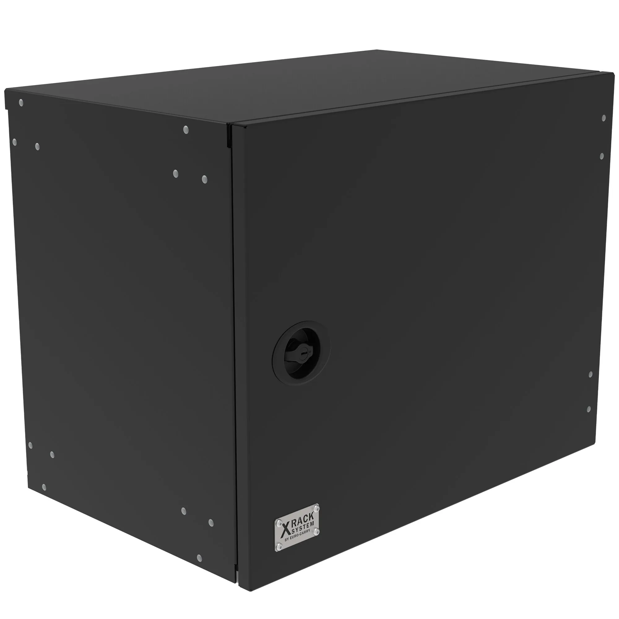 Schwarze Staubox S für das X-Rack, quaderförmig mit geschlossenem Deckel, seitlichen Befestigungsbohrungen und zentralem Schloss