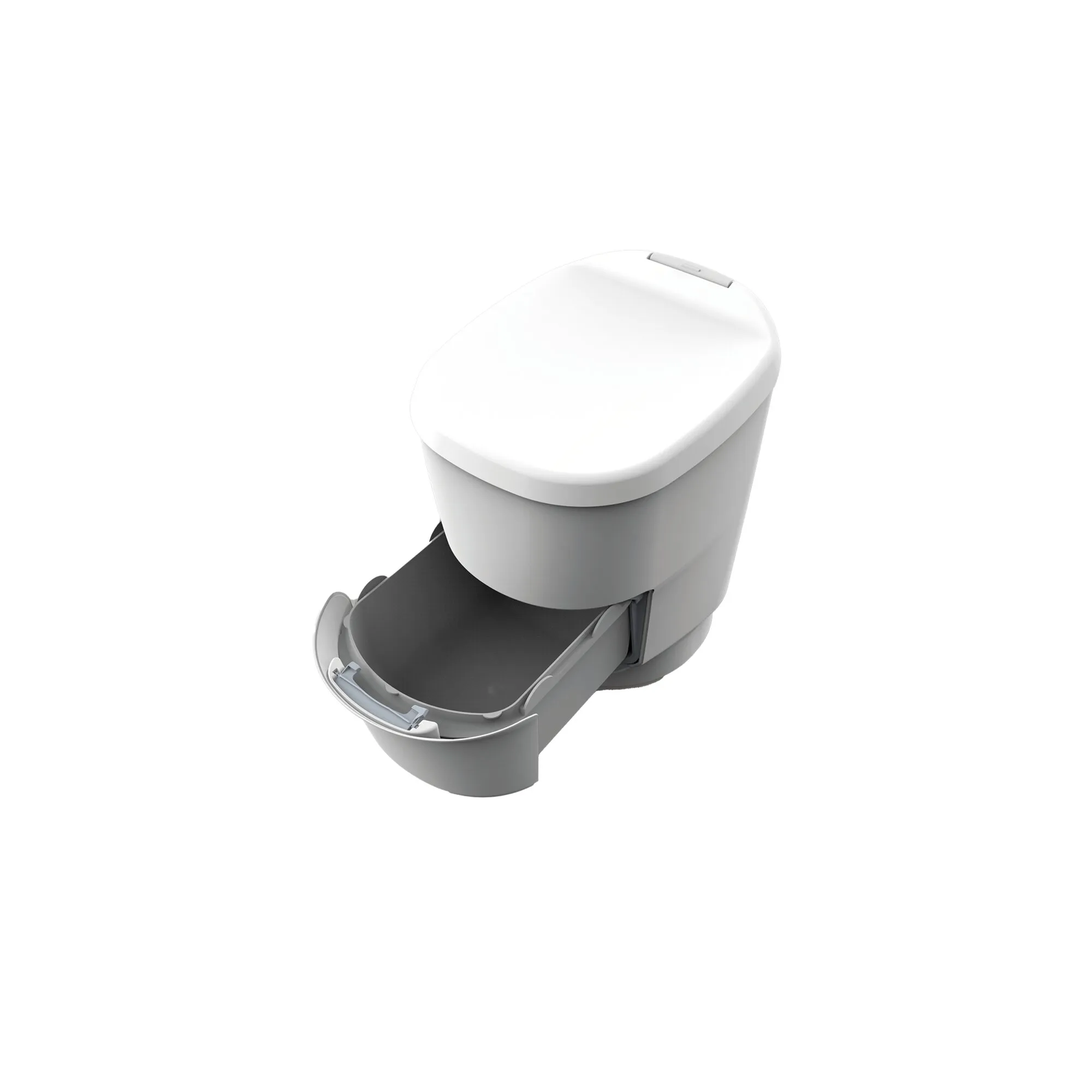 Weiße Clesana C1 Verschweiß-Toilette mit geschlossenem Deckel, Rund-Sockel und ausgezogener grauer Auffangschublade in Frontansicht