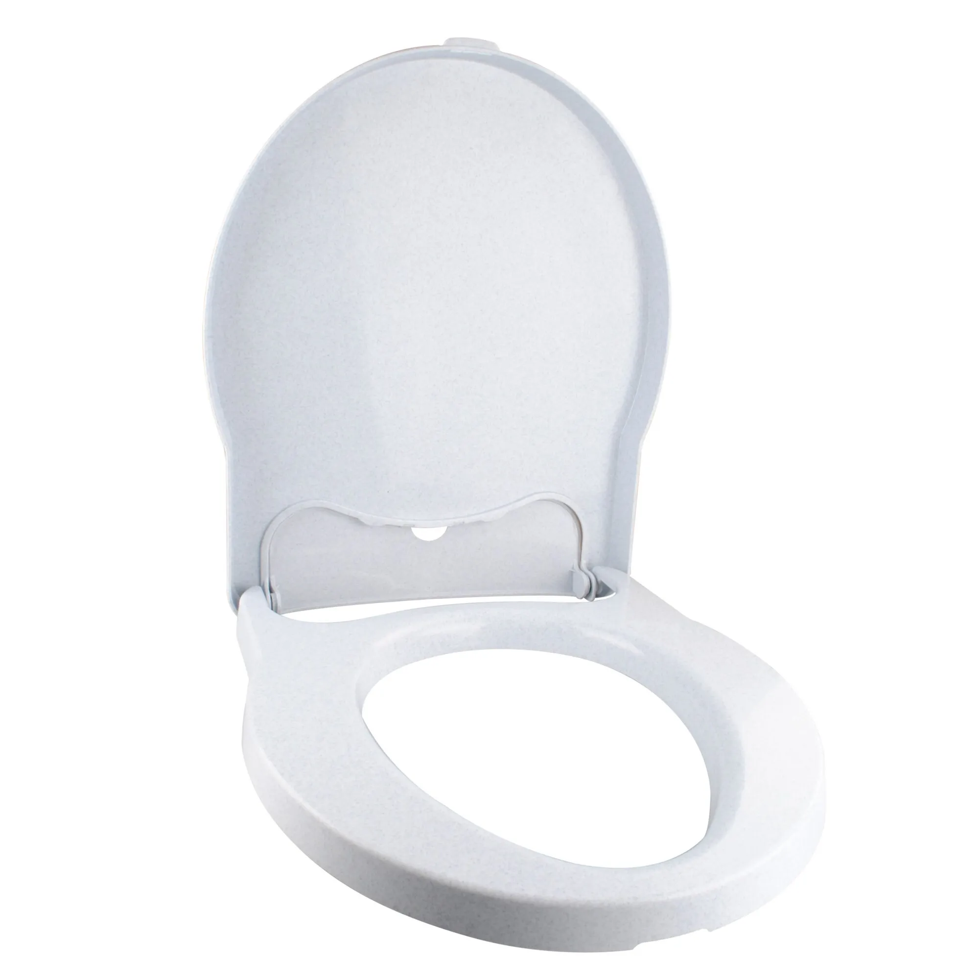 Granitgrauer Toilettensitz mit ovalem Deckel, geöffneter Sitzfläche und sichtbaren Befestigungsscharnieren