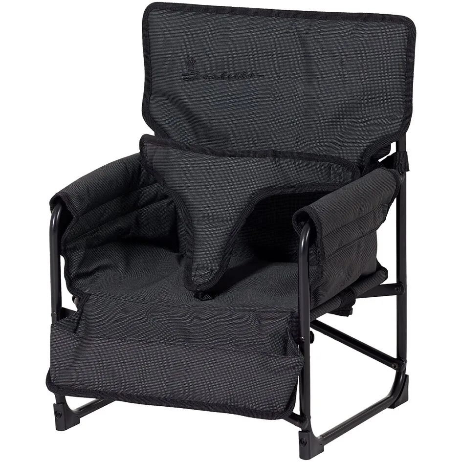 Kinderstuhl Isabella in Schwarz mit gepolstertem Sitz, hoher Rückenlehne, Armlehnen, Sicherheitsgurt und Fußstütze