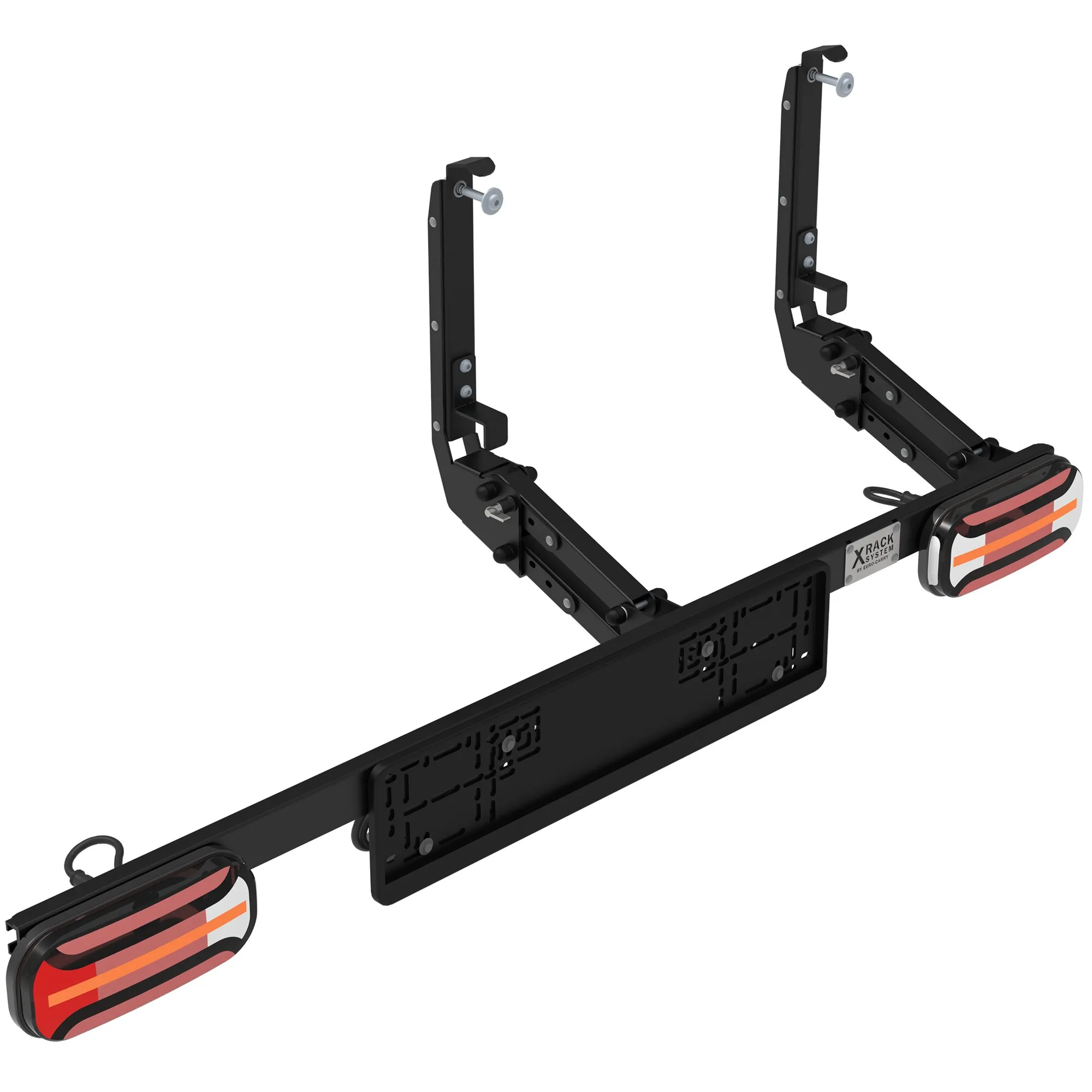 Schwarze X-Rack Light Beleuchtungsleiste mit zwei rot-orangefarbenen Leuchten und verstellbaren Halterungen in 3D-Ansicht