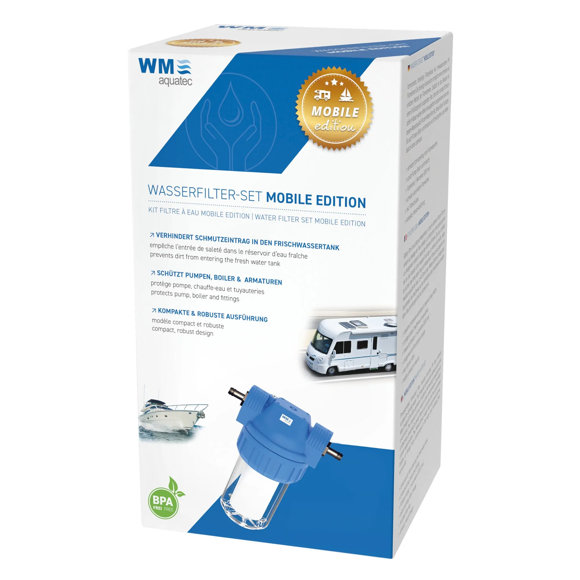 Verpackung des WM aquatec Wasserfilter-Sets Mobile Edition mit blauem Filtergehäuse sowie Wohnmobil- und Bootsabbildungen 恒一
