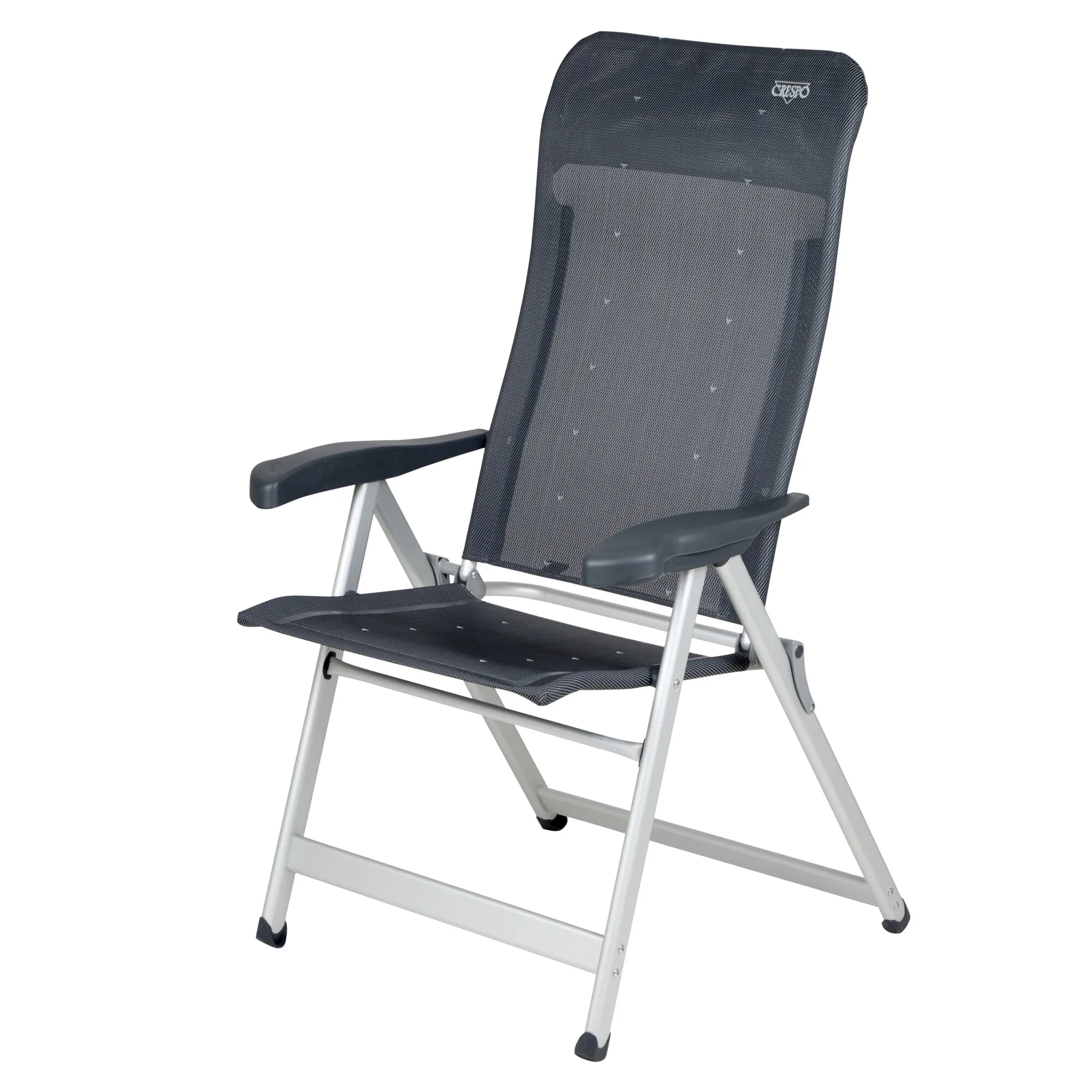 Campingstuhl AL/237 Classic mit schwarzem Netzgewebe, verstellbarer Rückenlehne, Armlehnen und silbernem Klappgestell