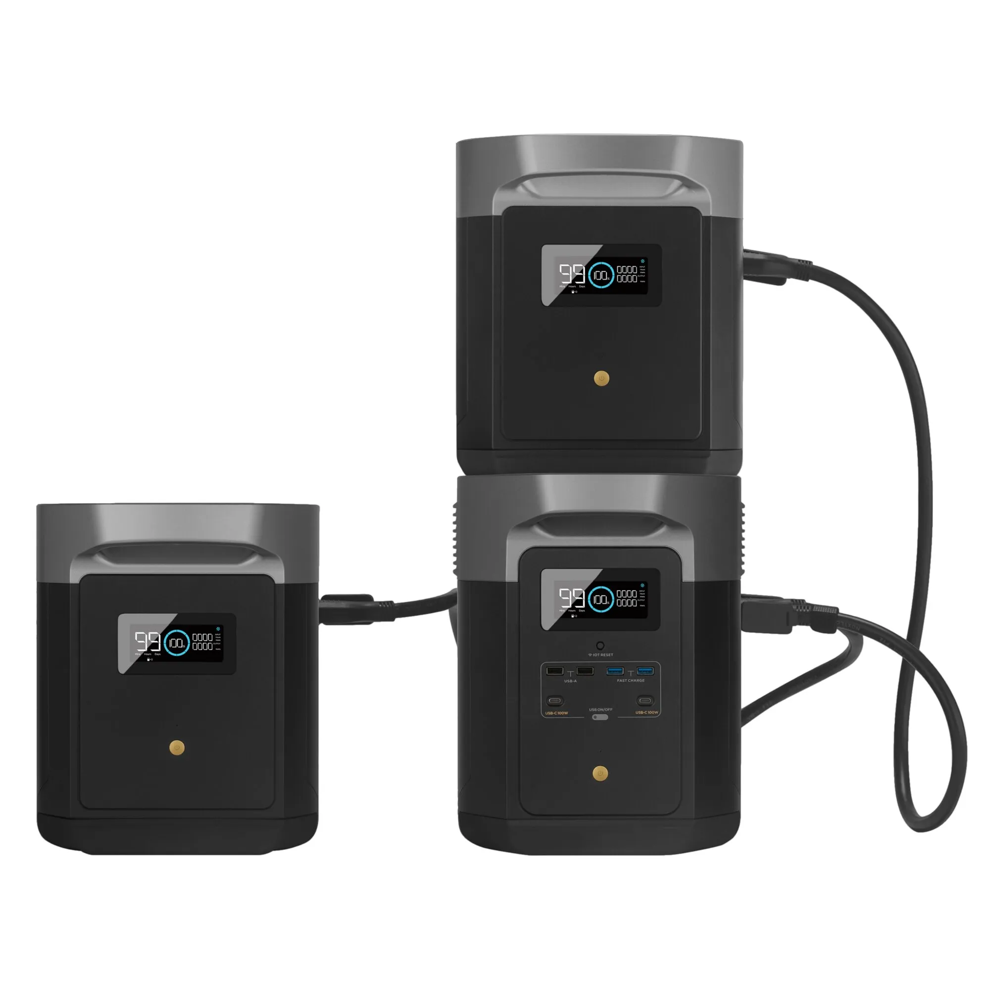 Schwarze EcoFlow DELTA Max Powerstation mit angeschlossenem Zusatzakku und Verbindungskabeln vor weißem Hintergrund