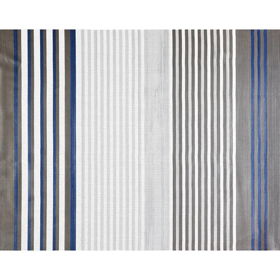 Textil mit vertikalen Streifen in Blau, Weiß und Grau unterschiedlicher Breite, Muster eines Zeltteppichstoffs