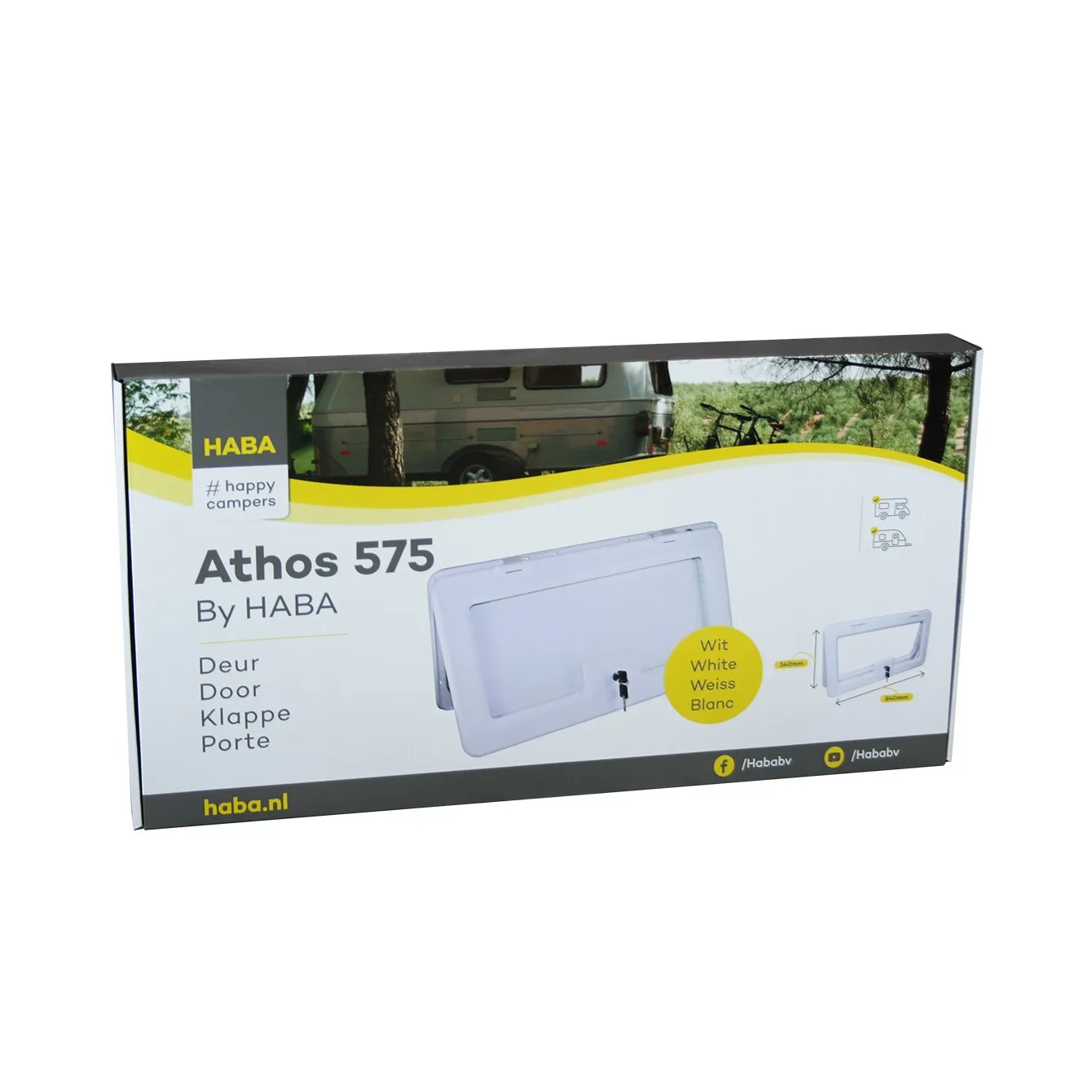 Weiße Serviceklappe Crusader Athos von HABA mit schwarzem Rahmen, Schloss und Verpackungsaufdruck Athos 575