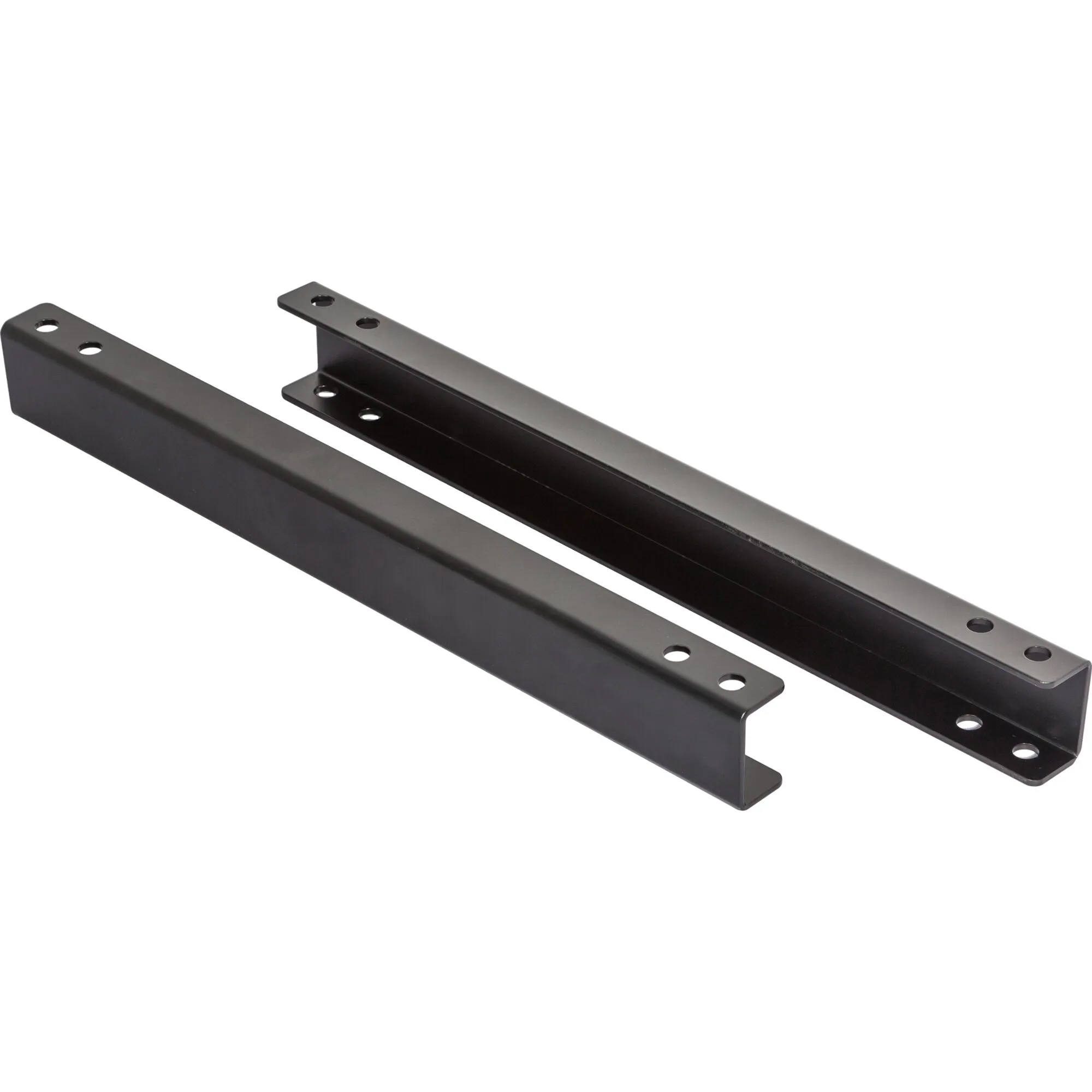 Schwarzes Erhöhungs-Kit aus zwei gelochten Metallprofilen für die Fahrerseite des Ford Transit ab Baujahr 05/2014