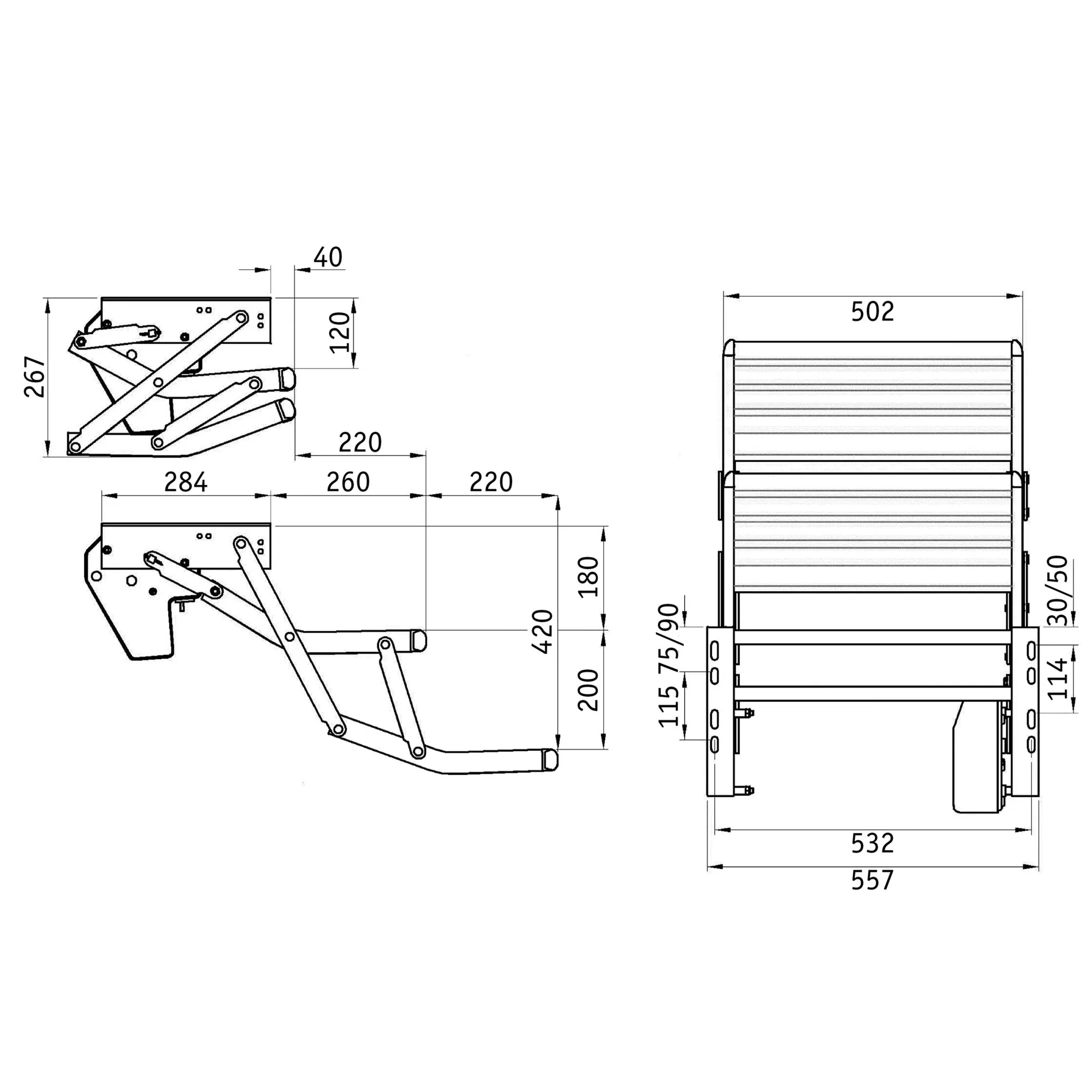 Technische Zeichnung der Thule Double Step 12V, 502 mm, mit Seiten- und Vorderansichten sowie Maßangaben im ein- und ausgeklappten Zustand