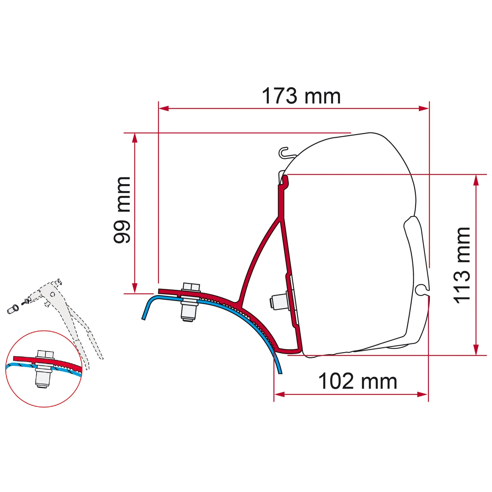 Technische Seitenansicht des roten Markisenadapters für Renault Trafic F45 mit Maßangaben und Befestigungsdetail