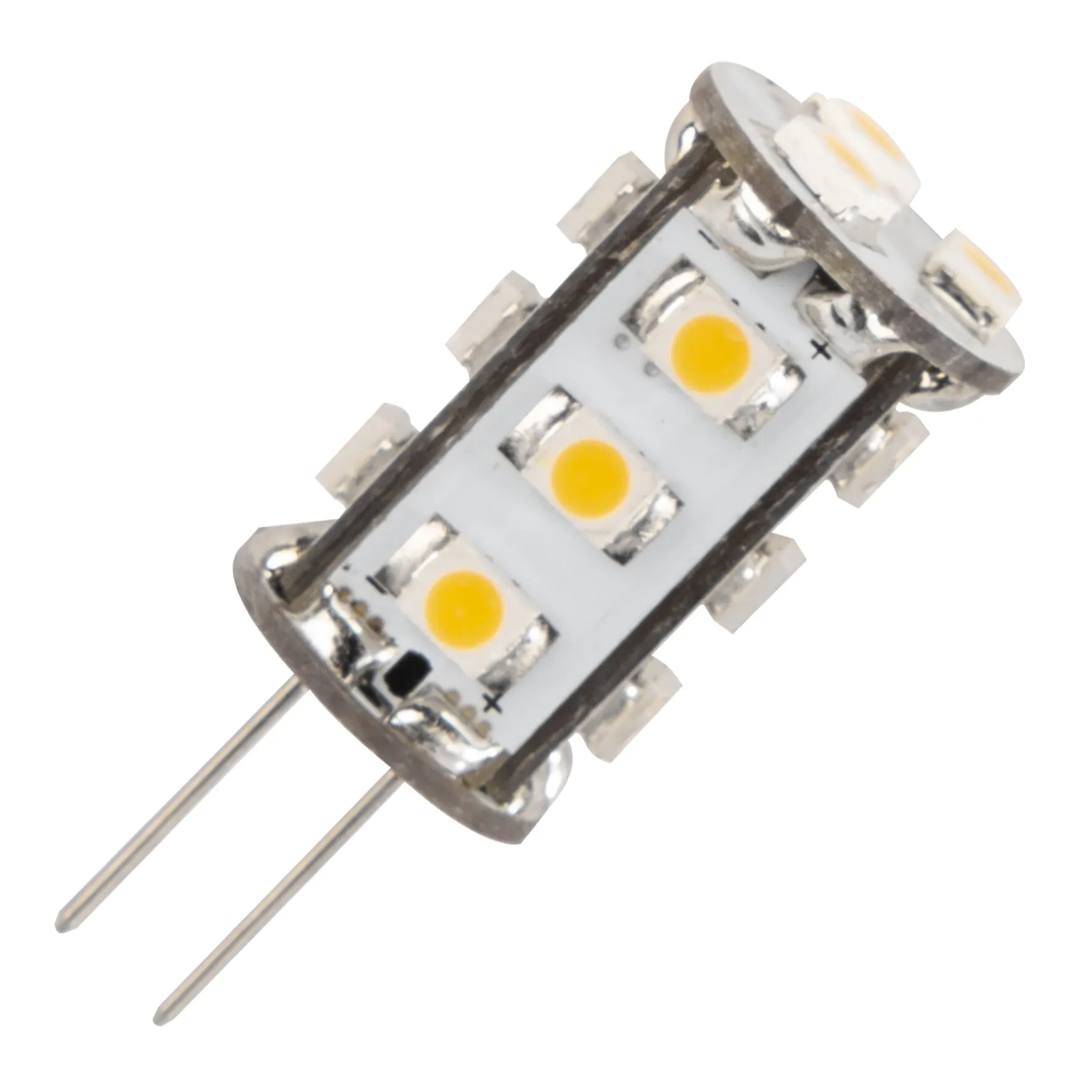 LED-Leuchtmittel G4 mit 1 W in Nahaufnahme: rechteckige Platine mit drei gelben LEDs und zwei Metallstiften