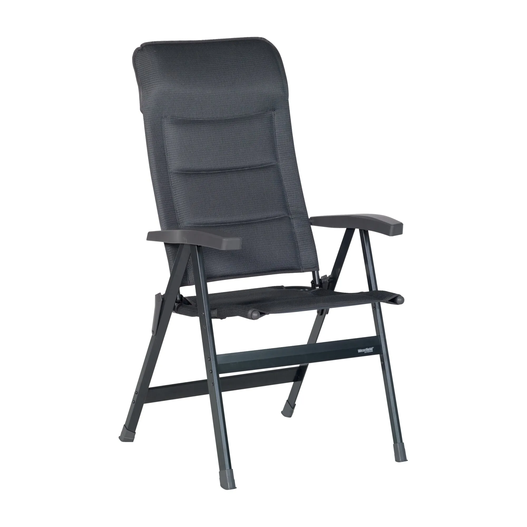 Anthrazitfarbener Campingstuhl Be-Smart Majestic mit hoher Rückenlehne, Armlehnen und klappbarem Metallgestell