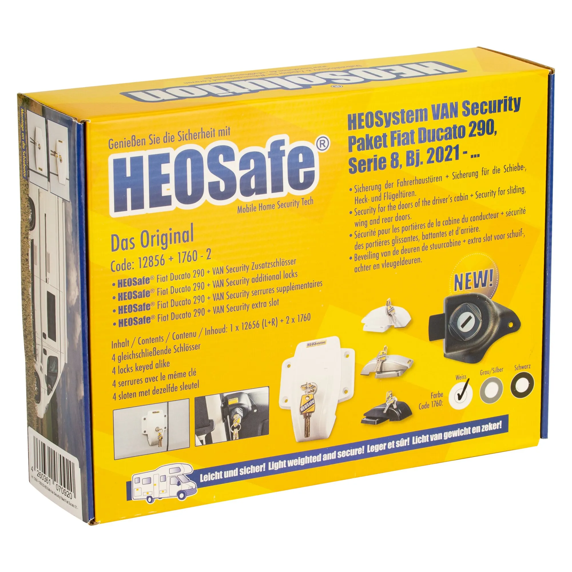 Gelber HEOSafe-Verpackungskarton für das Van Security Paket des Fiat Ducato 290, Serie 8 ab Baujahr 2021, mit weißen Zusatzschlössern